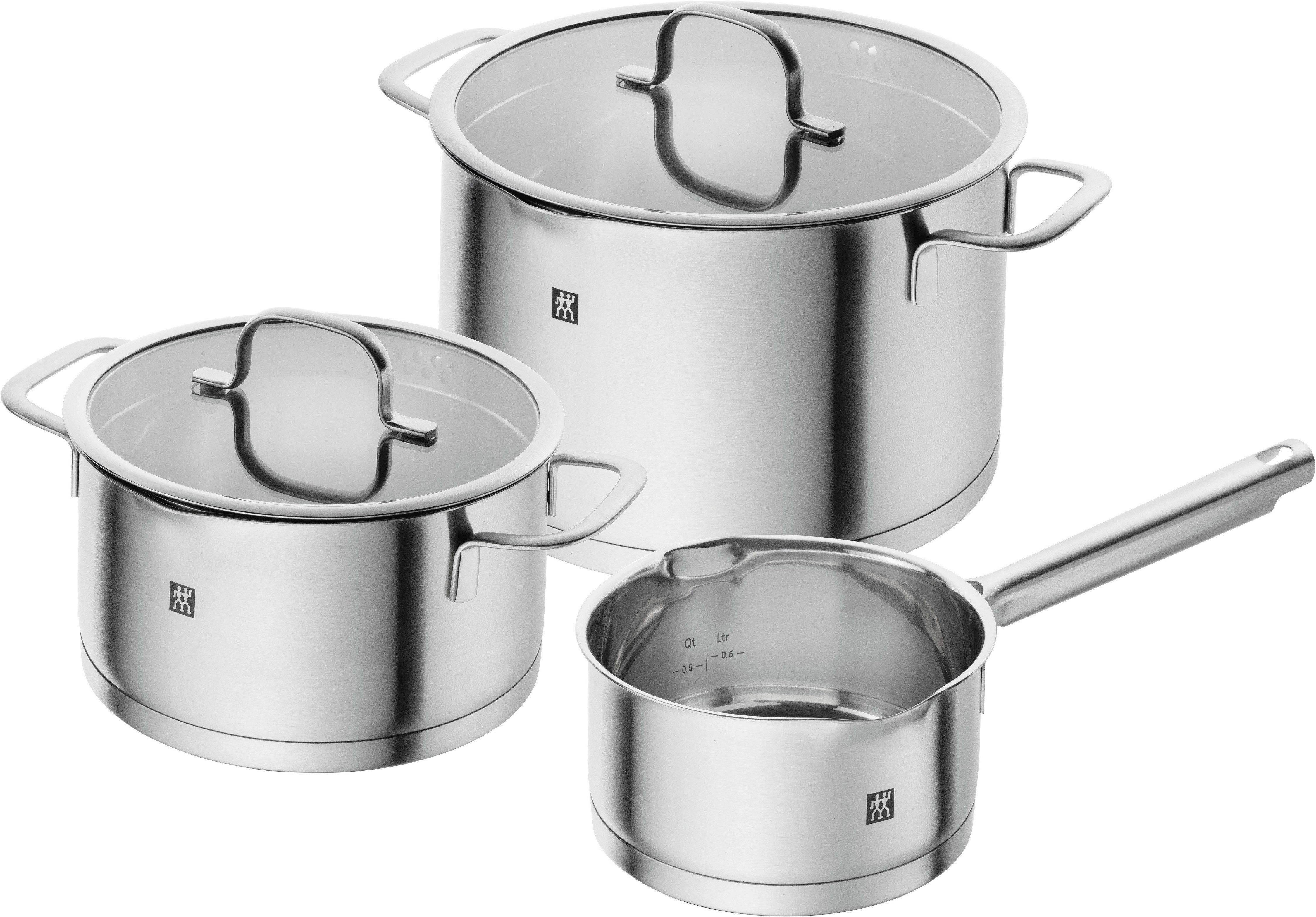 Zwilling Topf-Set TrueFlow, Edelstahl (Set, 3-tlg), 18/10 Edelstahl, integrierte Siebfunktion, Induktion, 3-tlg.