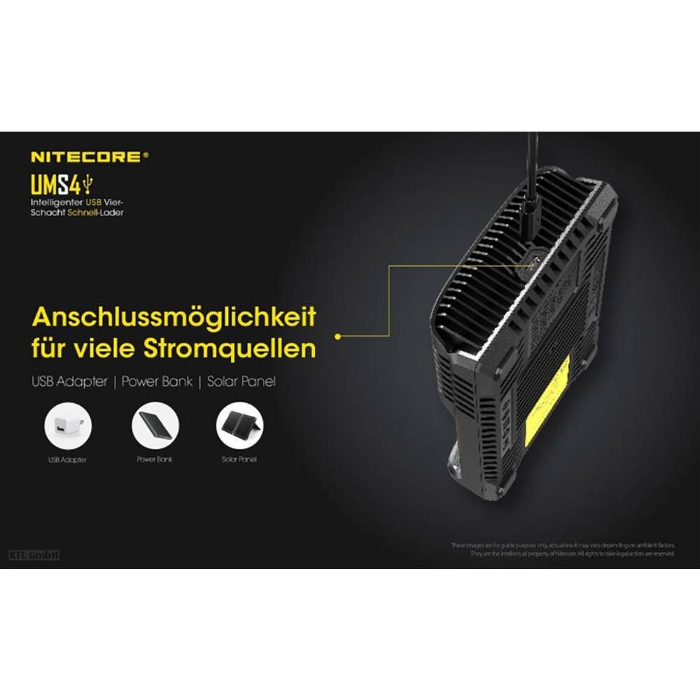 Nitecore Ladegerät USB NC-UMS4 Rundzellen-Lader (Akku-Defekt Erkennung, Automatischer Akkutest)