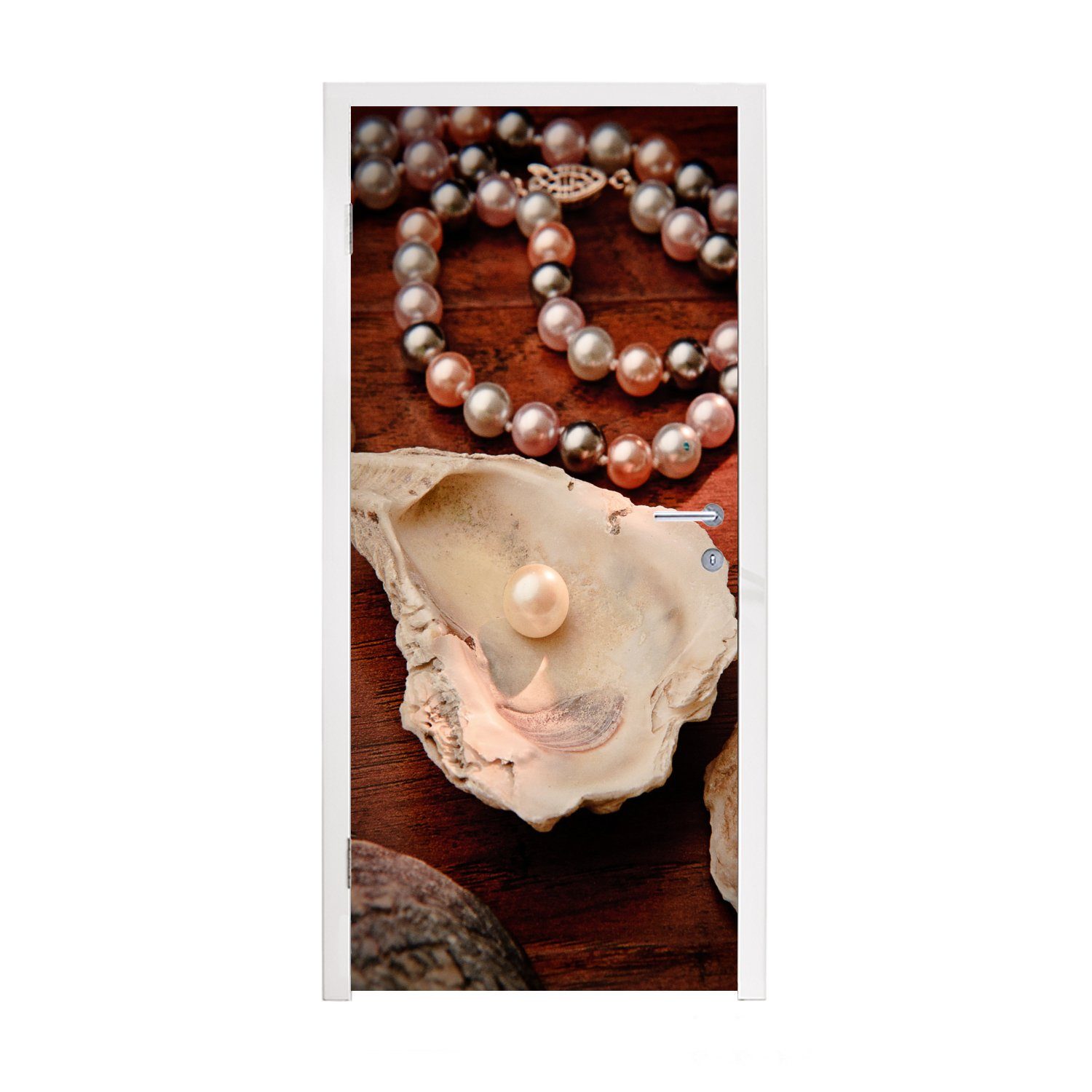 MuchoWow Türtapete Perlenkette entlang der Auster, Matt, bedruckt, (1 St), Fototapete für Tür, Türaufkleber, 75x205 cm