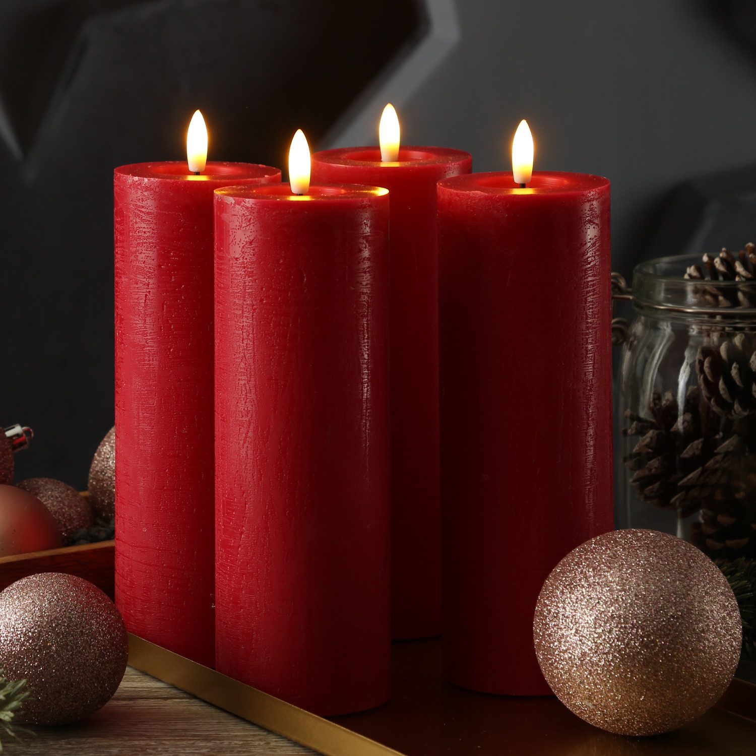 Adilina LED-Kerze Kerzenset LINA Rustik Optik für Adventskranz 7x20cm Timer rot 4St (4-tlg)