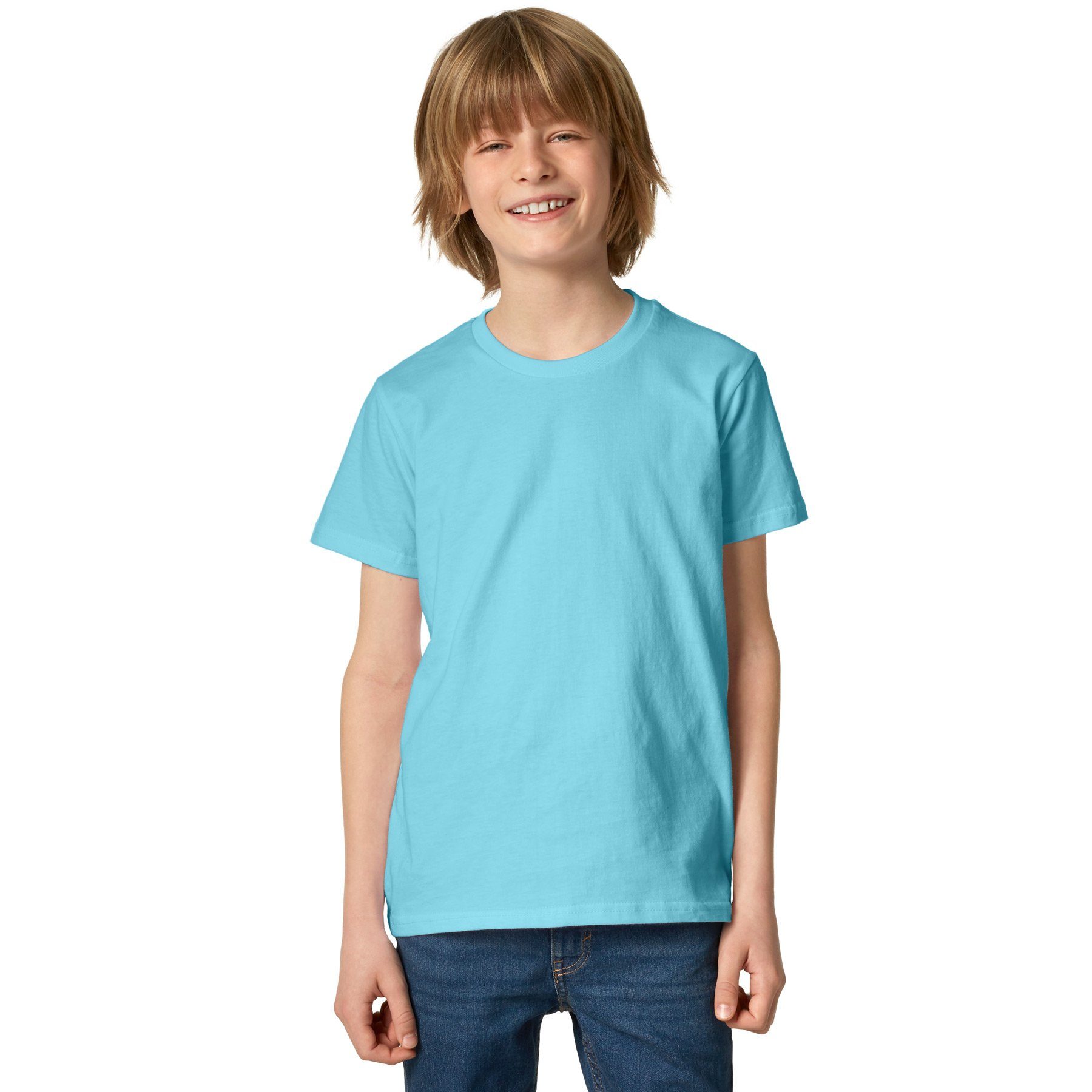 dressforfun T-Shirt Kurzarmtop, Für viele Outfits & Auftritte, Rundhals mit (Freizeitoberteil, Konfektionsgröße 128 (8-10 Jahre) in hellblau) Einfarbiges T-Shirt für Kinder, Fester Stoff, hoher Tragekomfort