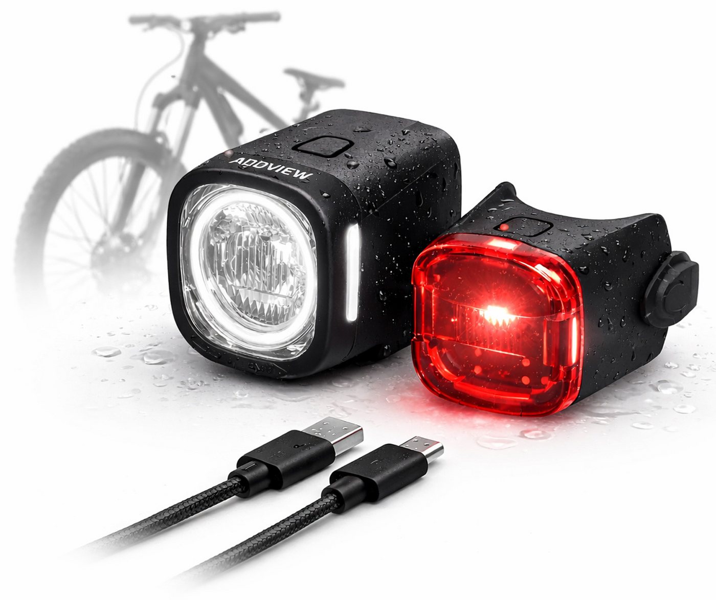 ADDVIEW Fahrradbeleuchtung LED Fahrradlicht Set Akku USB aufladbar StVZO Frontlicht & Rücklicht, Werkzeugfrei, Seitliche Sichtbarkeit