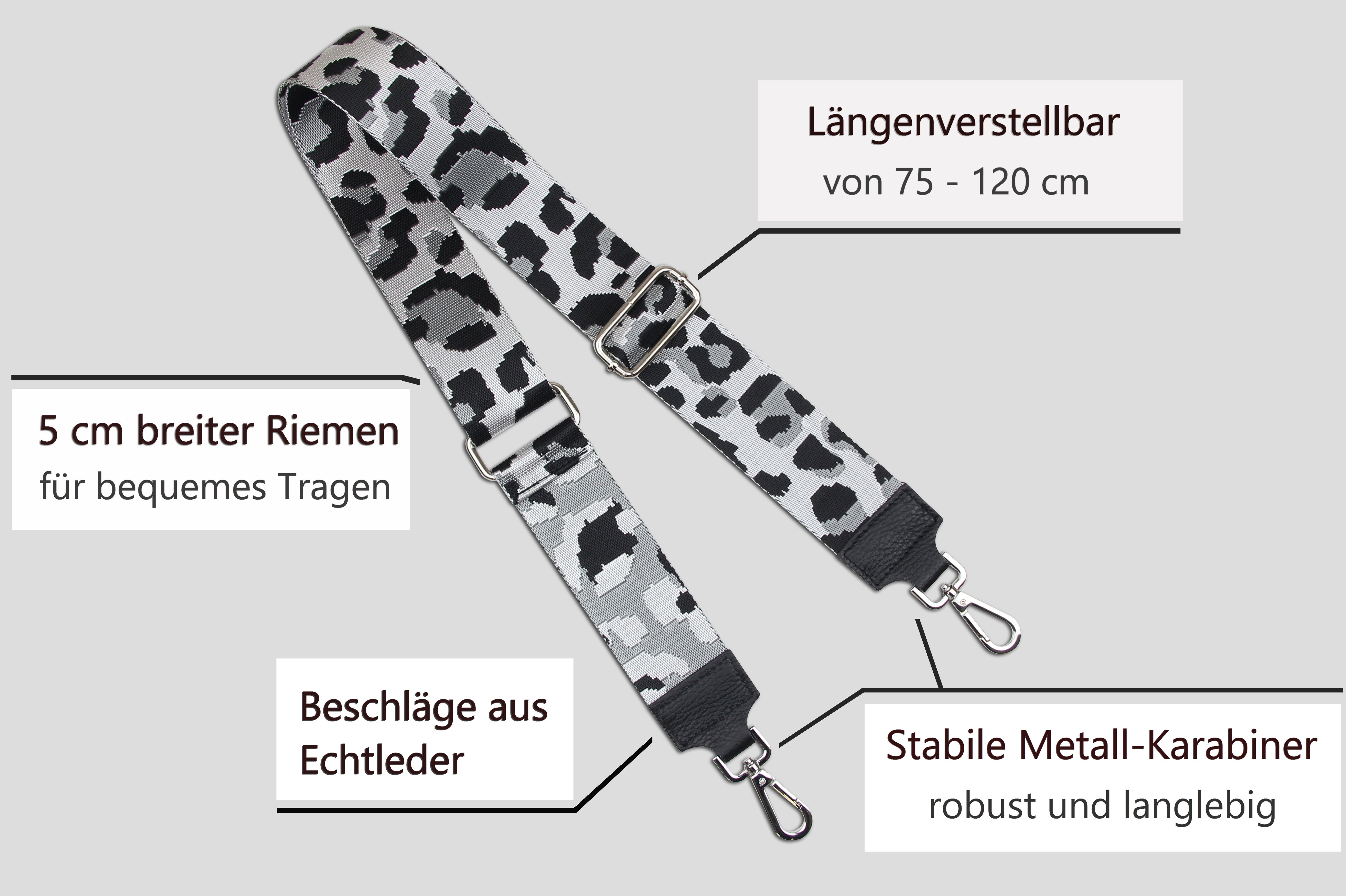 Frentree Schulterriemen MADE IN ITALY, Zebra Muster: 5cm für Taschen, Gurt, verstellbarer Grau breiter Schultergurt Leo Leopard