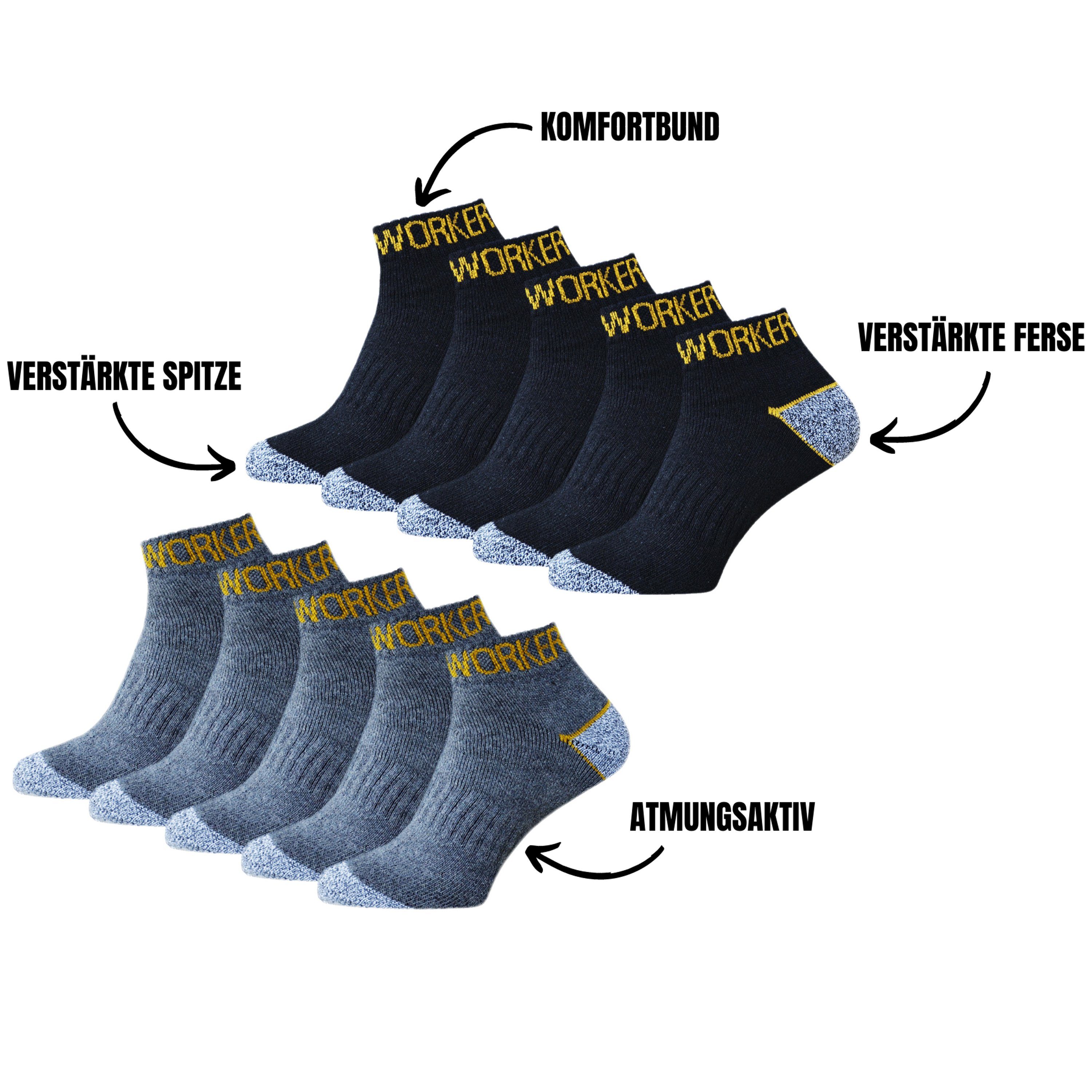 Verstärkte Arbeitssocken Arbeitssocken Sneaker Work 30 (10-Paar) Schwarz-Grau Komfortbund - & TEXEMP Socken Kurze Spitze Ferse Baumwolle bis 10 Paar