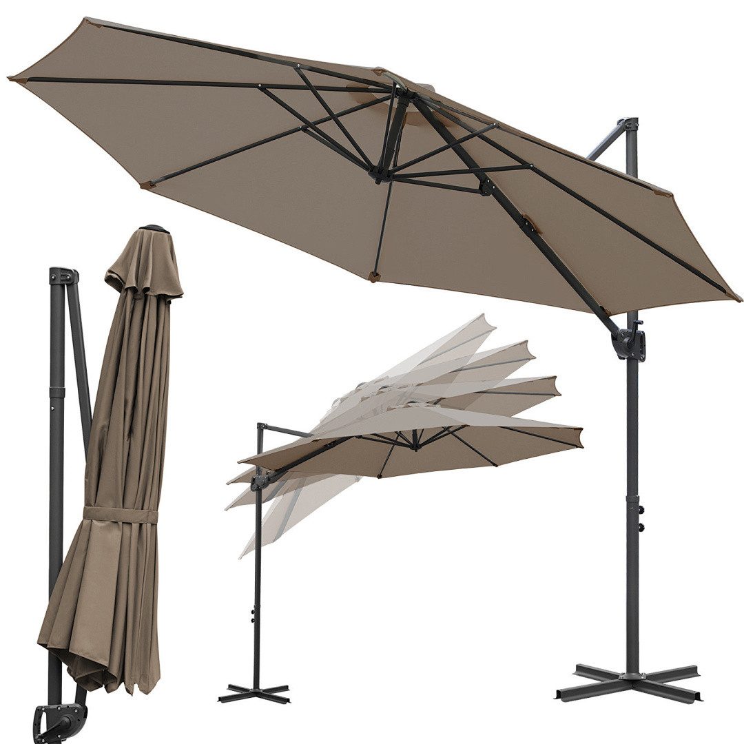 Sonnenschirm Ampelschirm Ø300cm Braun, 360° drehbar, UV50+ Sonnenschutz, Kurbel