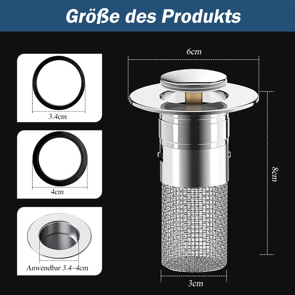 TUWENA Waschbeckenstöpsel 2 Stück 304 Edelstahl Pop Up Abflusssieb, Abflussstopfen Waschbecken, mit Haarsieb, Universelle Waschbeckenstöpsel (34-40mm) – Bild 2 von 5