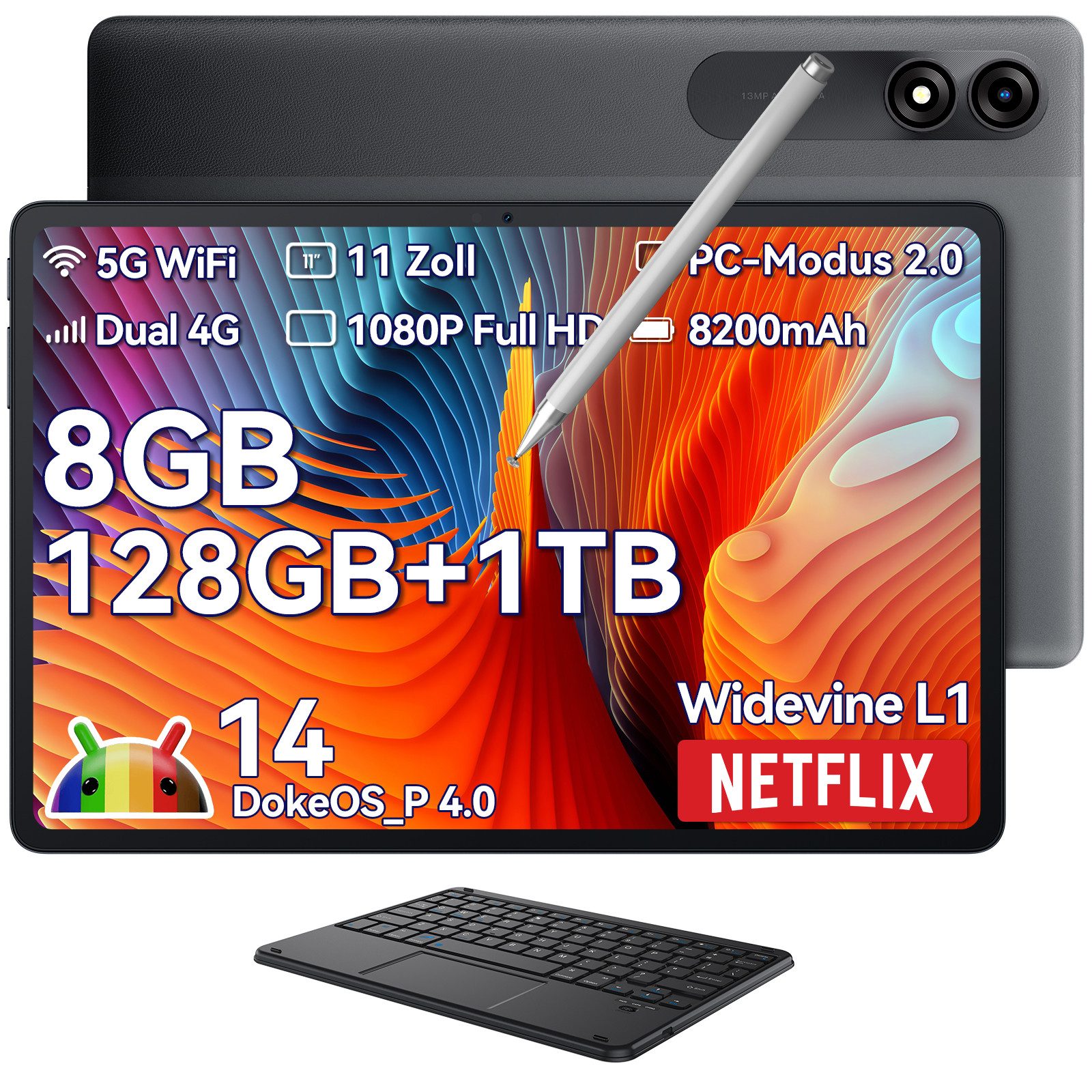 blackview Tab90(8GB+128GB) 4G LTE incl. Stift/ Hüllen/Tastatur Tablet (11", 128 GB, 4GLTE, mit Tablet-Stift/Hüllen/ Englische Tastatur, 8200 mAh, Android 14)