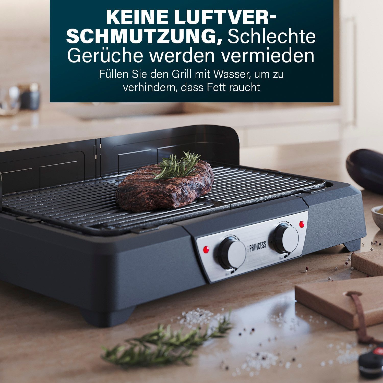 PRINCESS Elektrogrill Princess 112254 Elektrischer Grill und Tischgrill, 2000 W, 2 Heizzonen – 2000 W Leistung