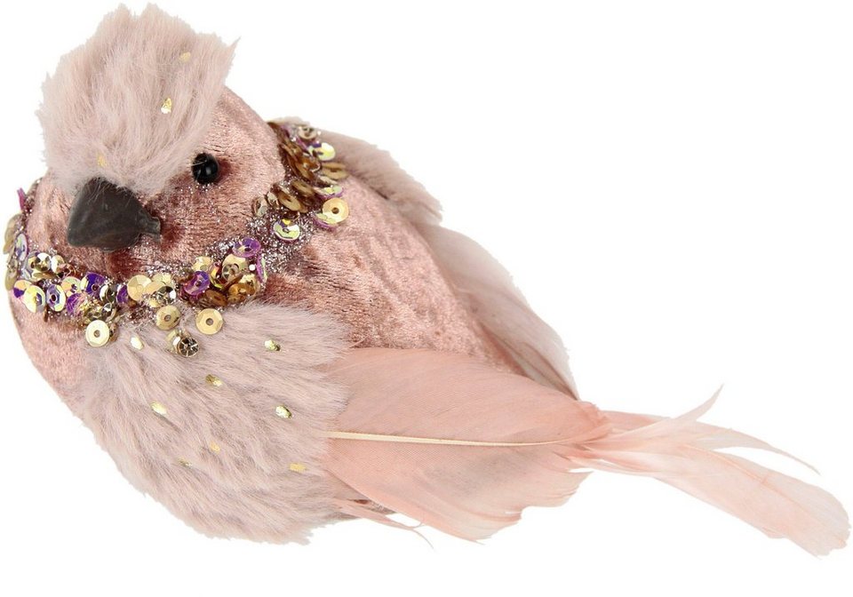 I.GE.A. Dekofigur Vogel, Aus Plüsch, mit Glamour-Pailletten, Dekovogel,  Dekorativer Plüschvogel aus Kunstfell, mit Halskette und echten