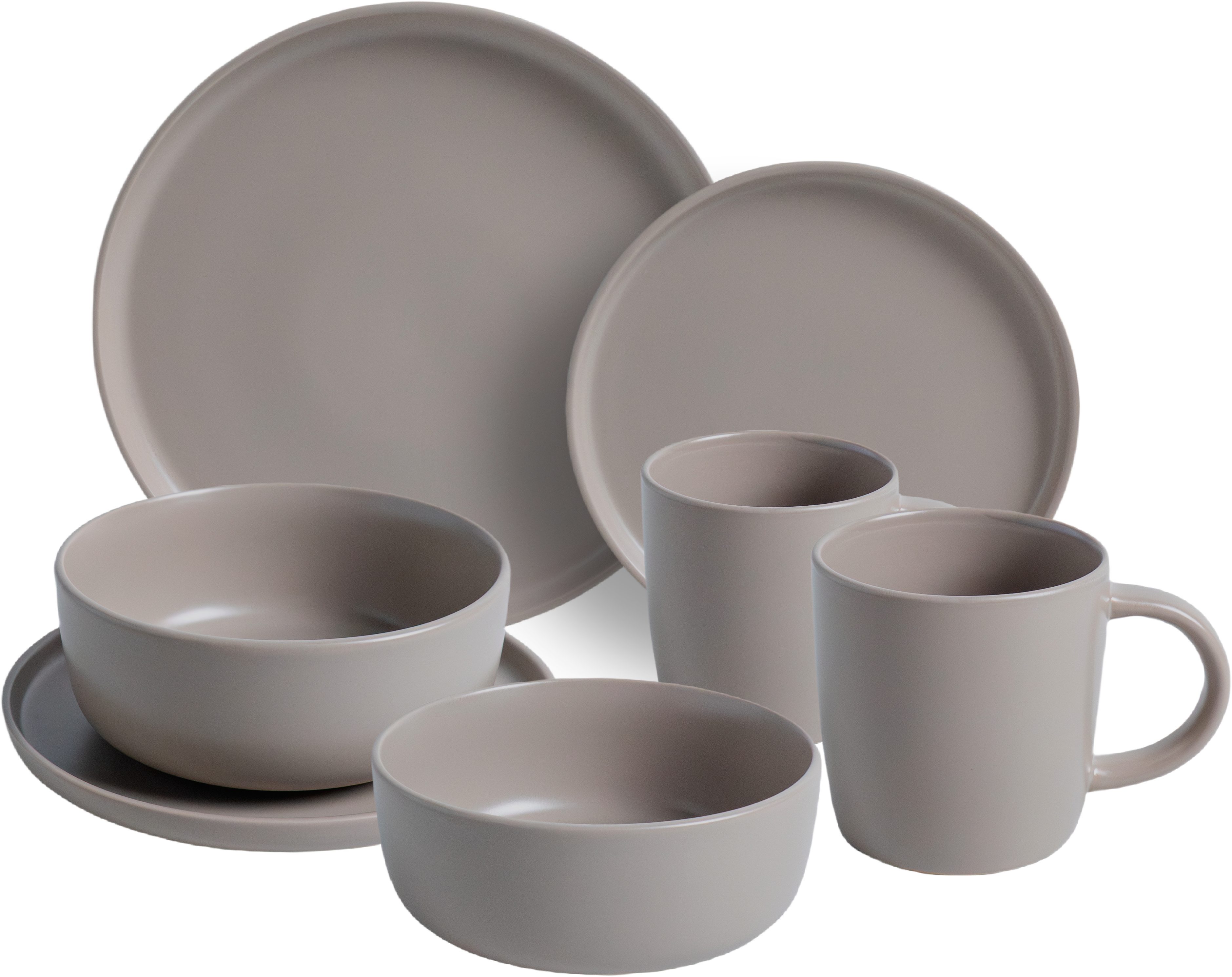 van Well Kombiservice Geschirr-Set Grigio, 16-teilig (16-tlg), 4 Personen, Steingut, rund, taupe, spülmaschinen- und mikrowellengeeignet