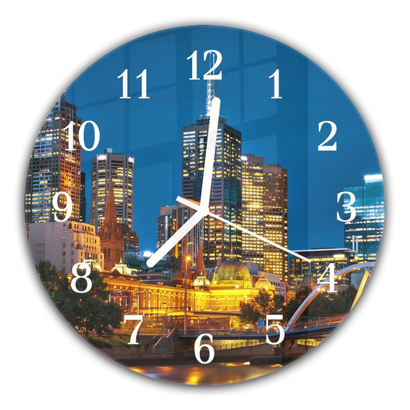 Primedeco Wanduhr Wanduhr aus Glas 30 Durchmesser cm Motiv Rund mit beleuchtet - und mit Skyline Quarzuhrwerk