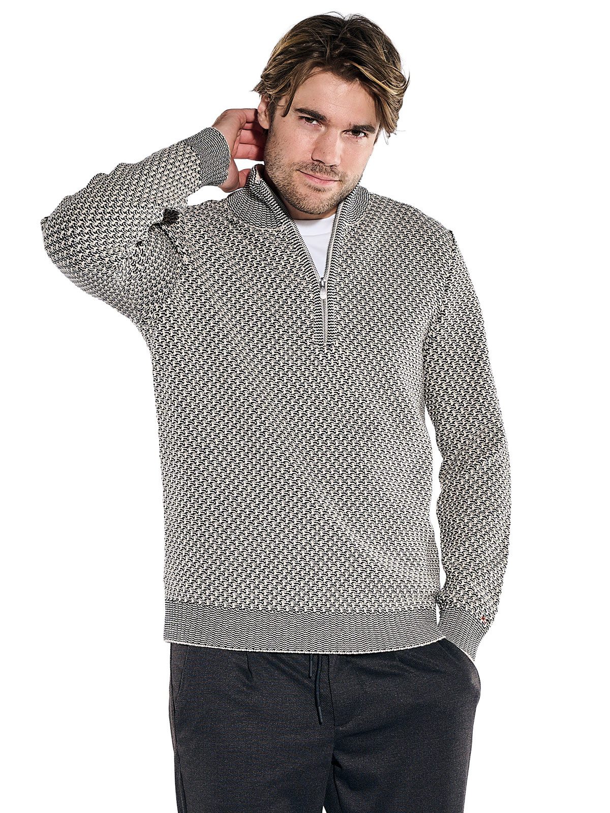 emilio adani Stehkragenpullover Herren Pullover mit Troyer-Kragen, Creme