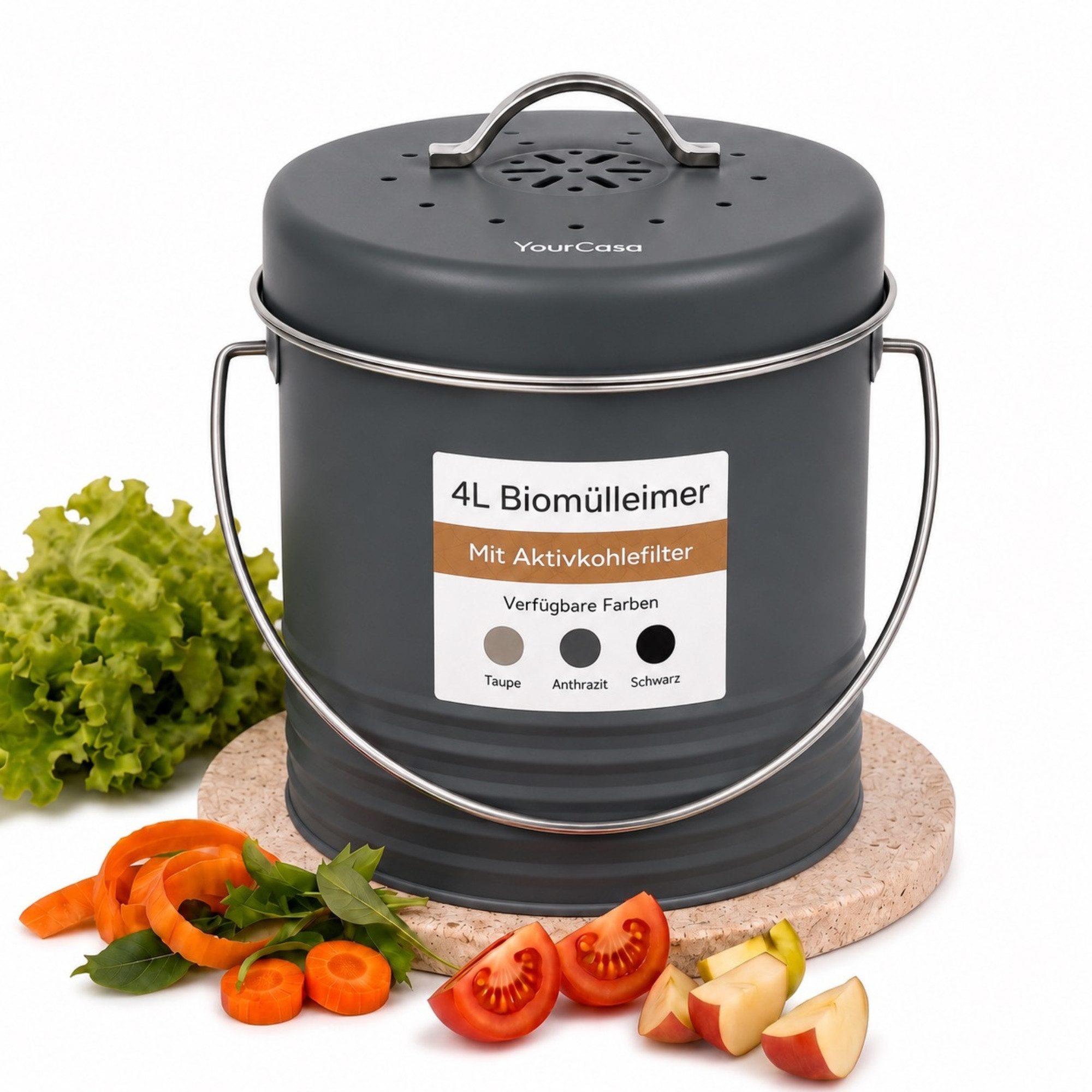 YourCasa Biomülleimer YourCasa Kora 4L Metall mit Aktivkohlefilter, 4L, Trageriff, Metall