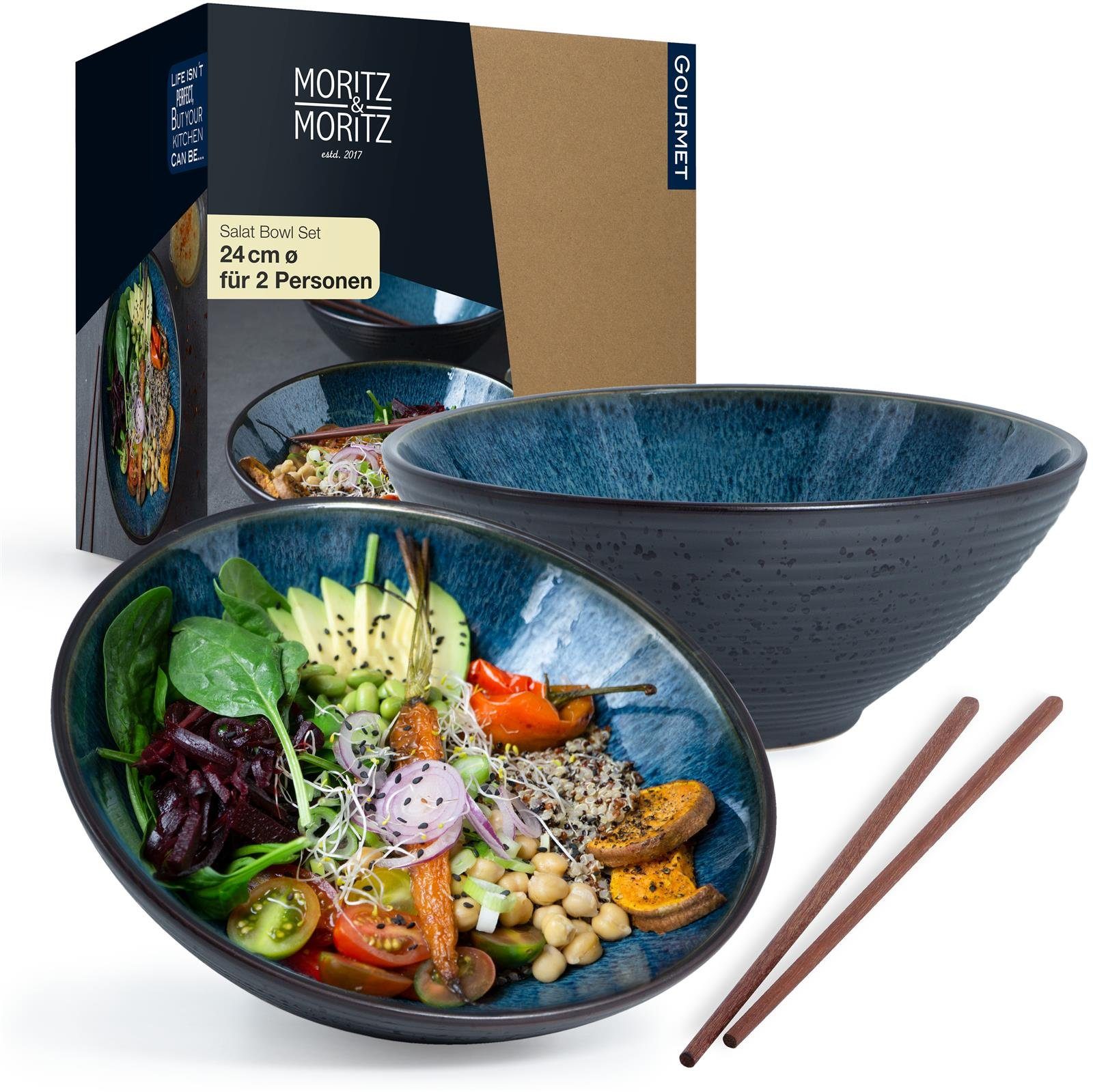 Moritz & Moritz Suppenschüssel Moritz & Moritz 2er Set Bowl Schüssel Blau Groß, Keramik, (2er Set), Ramen Bowl Set für 4 Personen