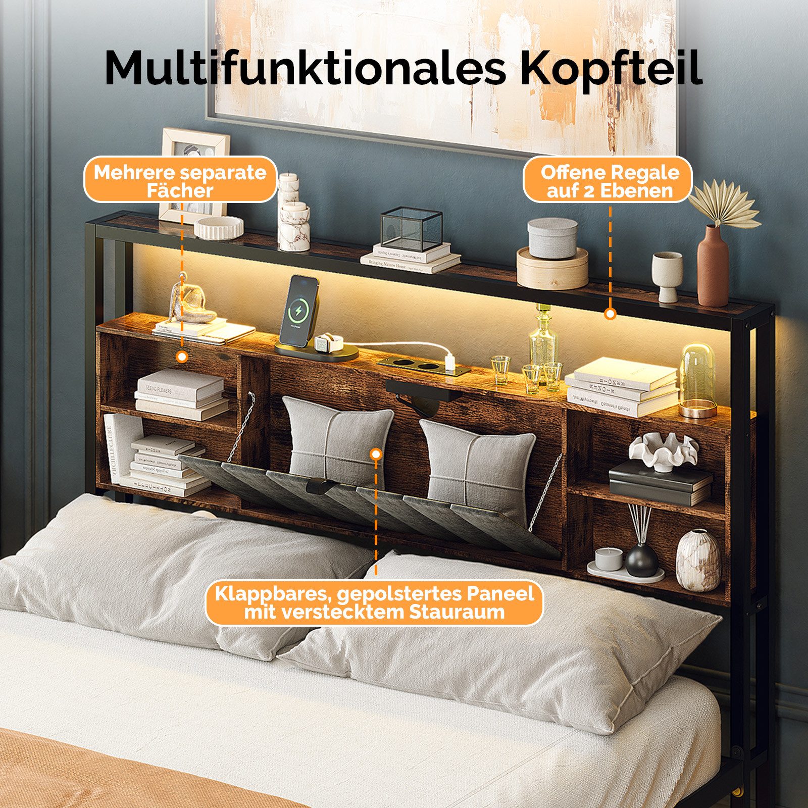 VINGLI Polsterbett mit LED-Beleuchtung und Ladestation, schwebendes Bett, gepolsterte Kopfteil mit Aufbewahrungsfunktion – Bild 3 von 5