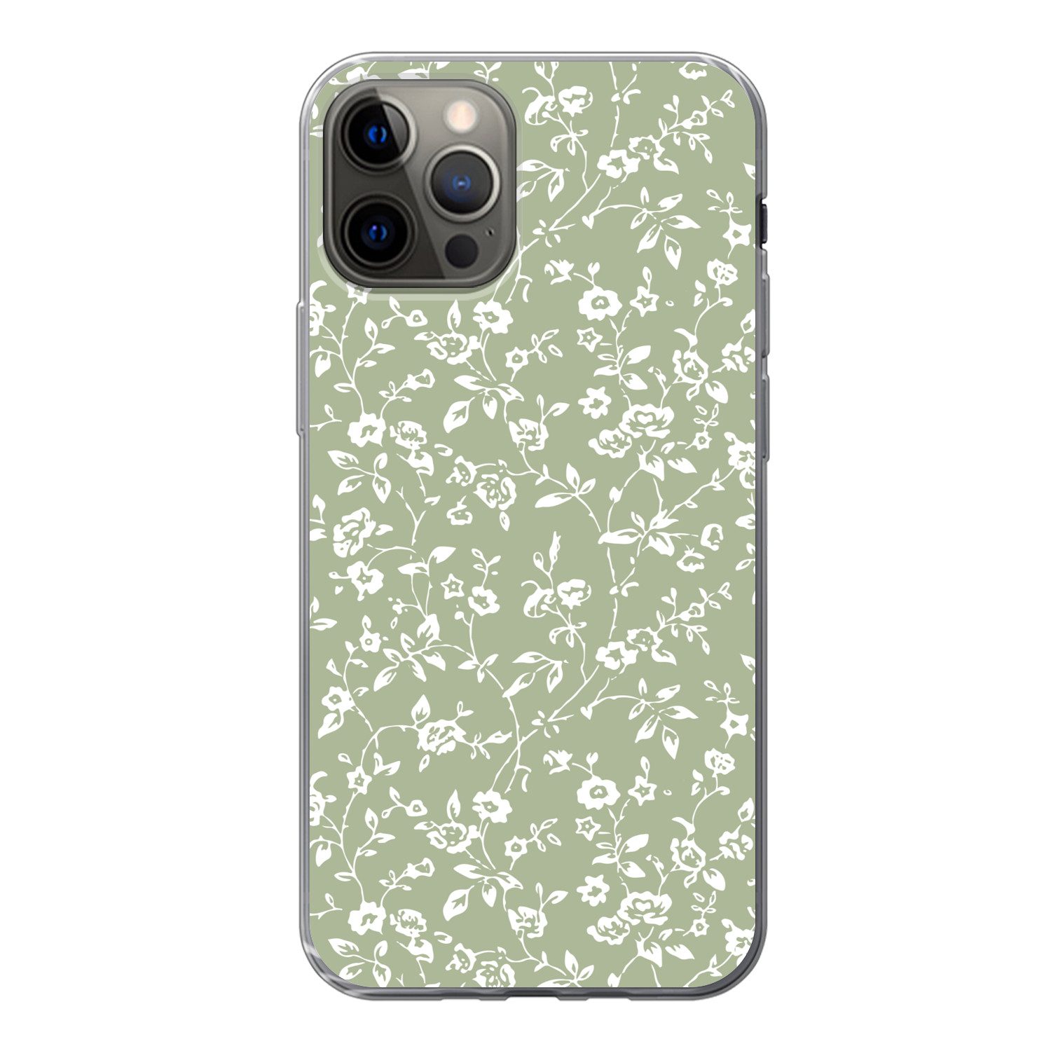 MuchoWow Handyhülle für Apple iPhone 12 Pro Blumen - Druck - Grün - Weiß, Smartphone-Bumper, Print, Handy Schutzhülle Dünn
