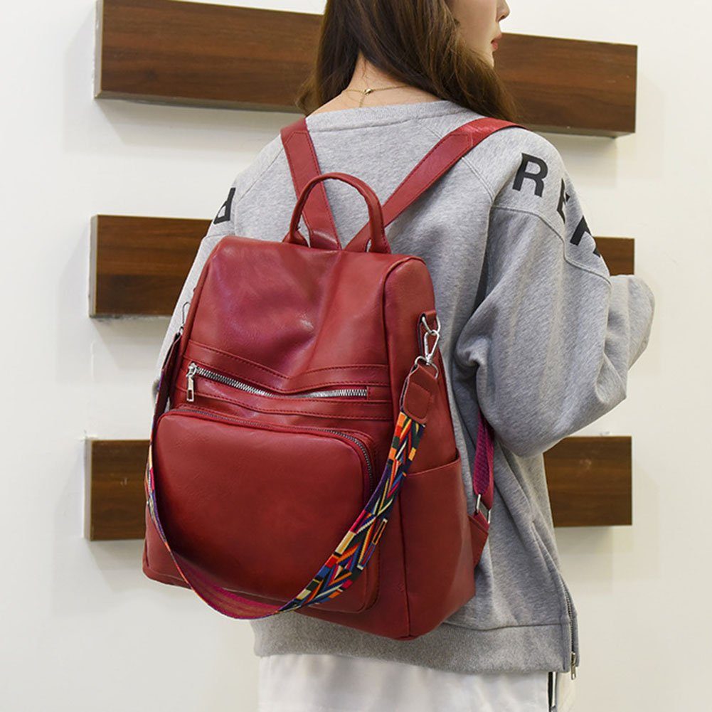 Leichtgewicht TSEPOSY Mode Rot Freizeitrucksack Leder Rucksack Reiserucksack Damen Multifunktion