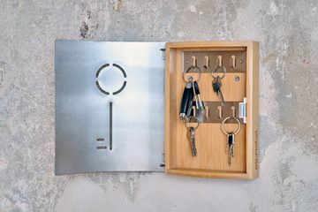 elbmöbel Schlüsselkasten Schlüsseschrank Bambus Metall 8 Schlüsselhaken, Schlüsselbox mit Magnetverschluß