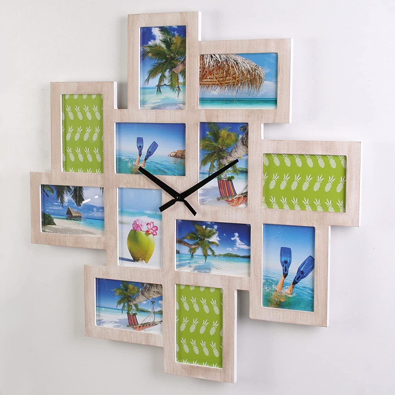 Holz, für Fotos, (Wanduhr mit 12 mit Wanduhr Fotogalerie Fotos Bilderrahmen Living Galerierahmen) Wackadoo MDF collagerahmen, Wanduhr