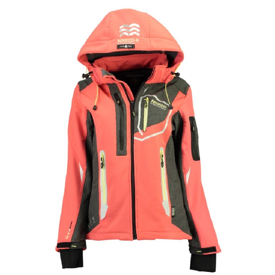 Geographical Norway Softshelljacke Damen Softshell Outdoor Wander Sport Jacke in Unifarbe, mit abnehmbarer Kapuze, mit Stehkragen