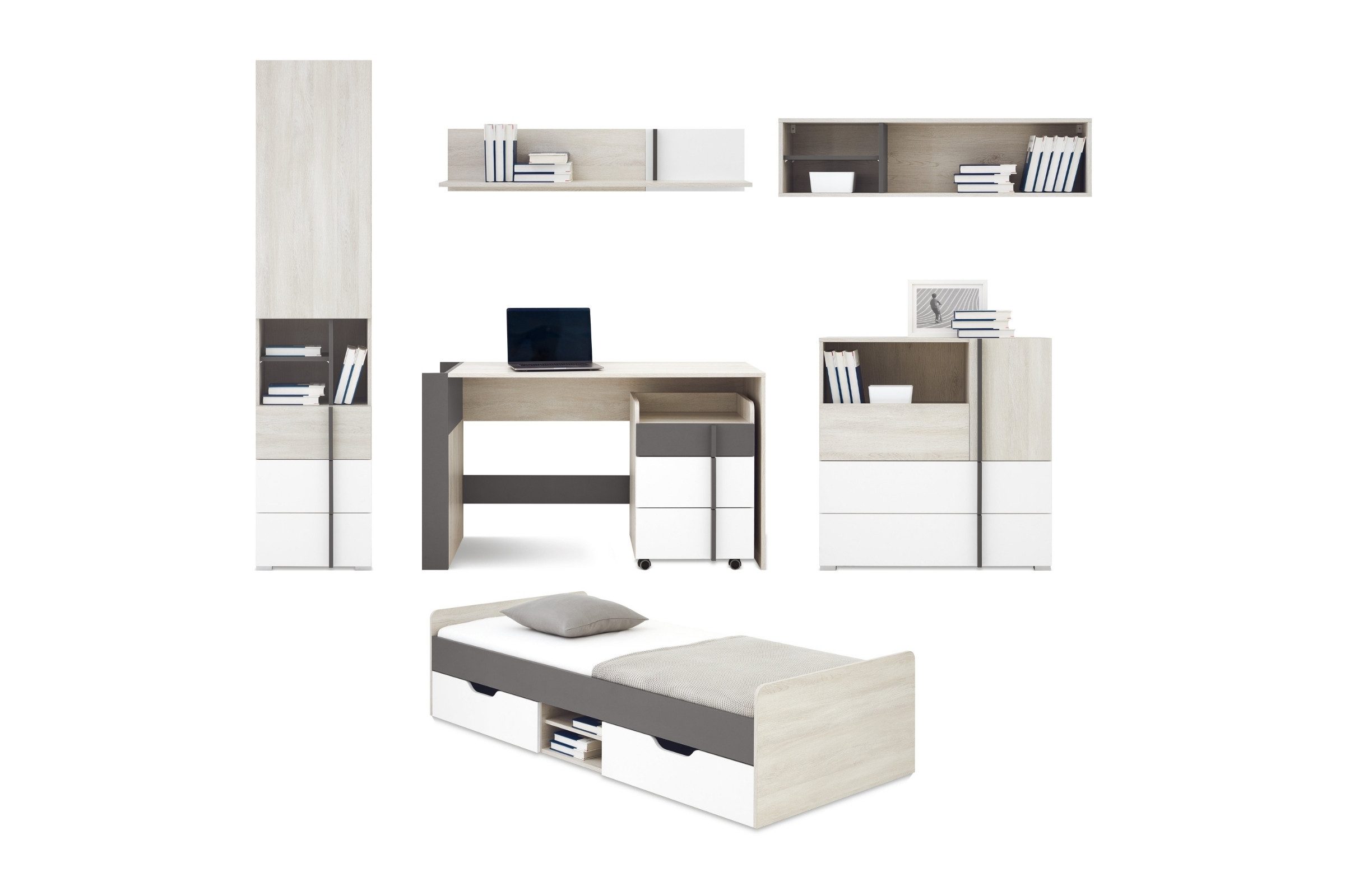 Deine Möbel 24 Jugendzimmer-Set REMI B Kinderzimmer-Set Kindermöbel Möbel, (3+10+11+13+8+14+15), 7-tlg., Kommode, Regal, Schreibtisch, Container, 2 Hängeregale, Bett), REMI Kollektion Kinderzimmer Jugendzimmer Weiß Holz Anthrazit