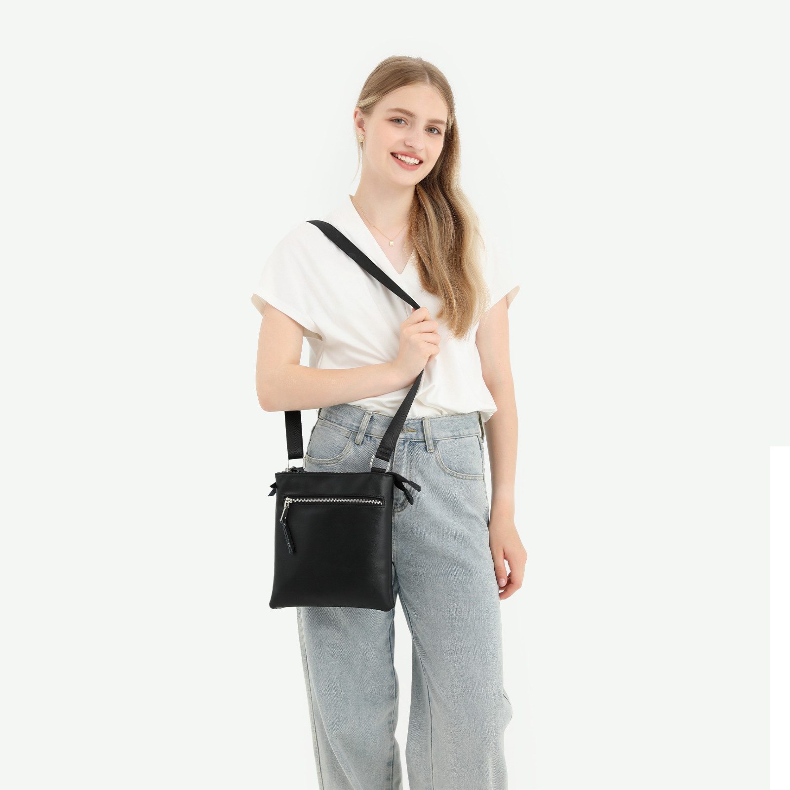 Miss Lulu Umhängetasche Damen Handytasche in Schwarz mit verstellbarem Riemen