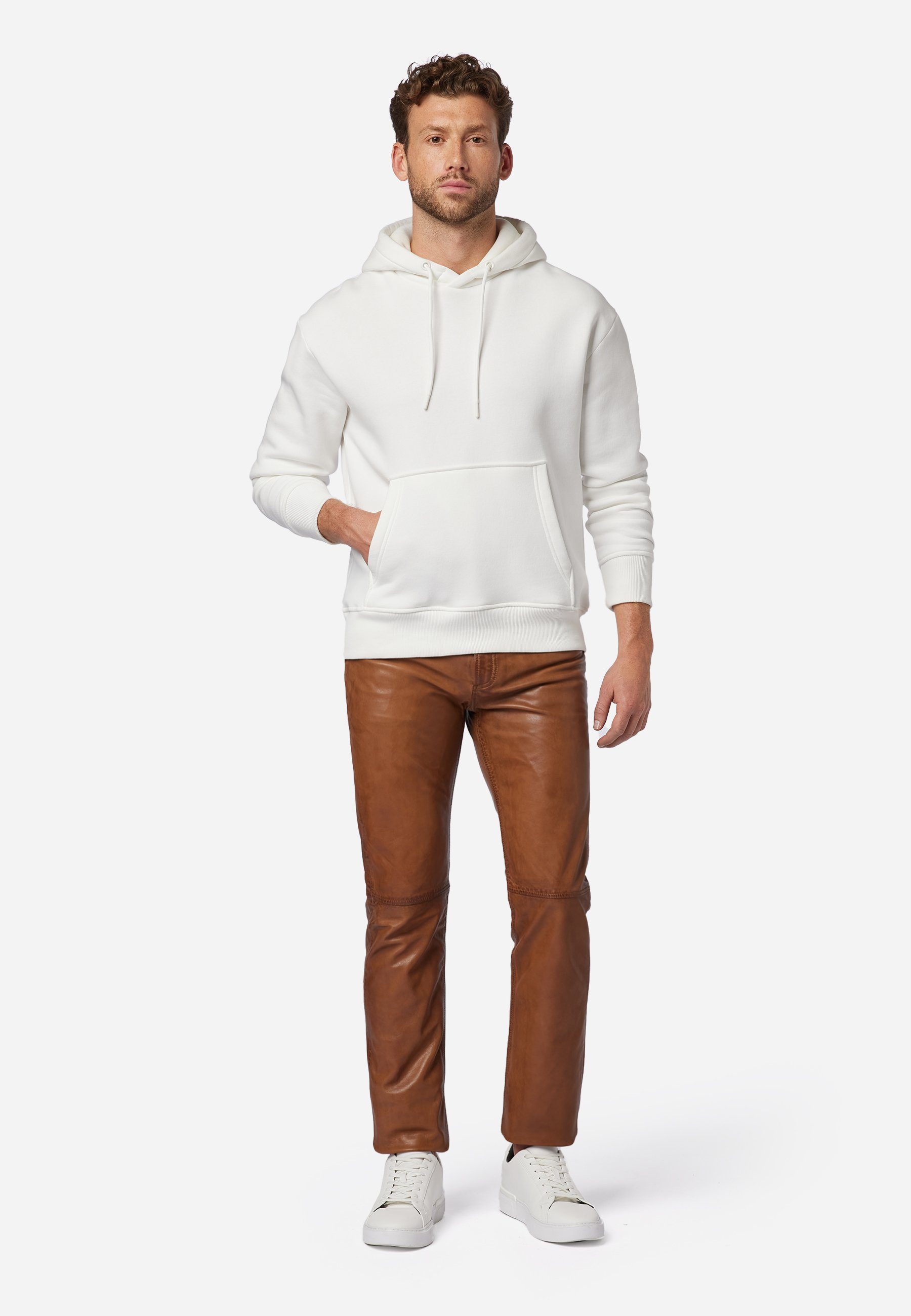 Hochwertiges Lamm-Nappa Leder; Pant RICANO Jeans-Optik 5-Pocket Trant Cognac Lederhose