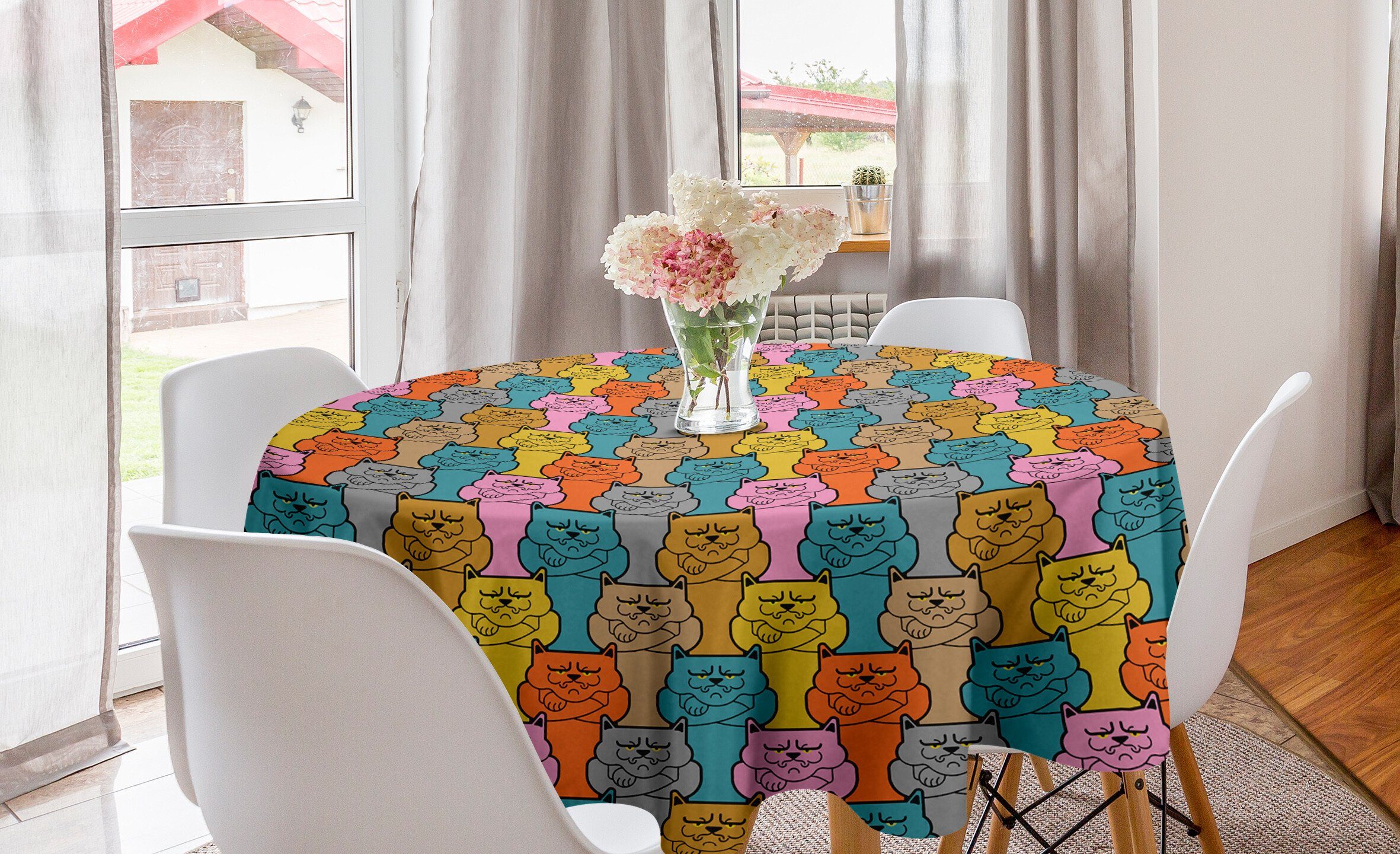 Abakuhaus Tischdecke Kreis Tischdecke Abdeckung für Esszimmer Küche Dekoration, Lustig Bunte Grumpy Gesicht Katzen