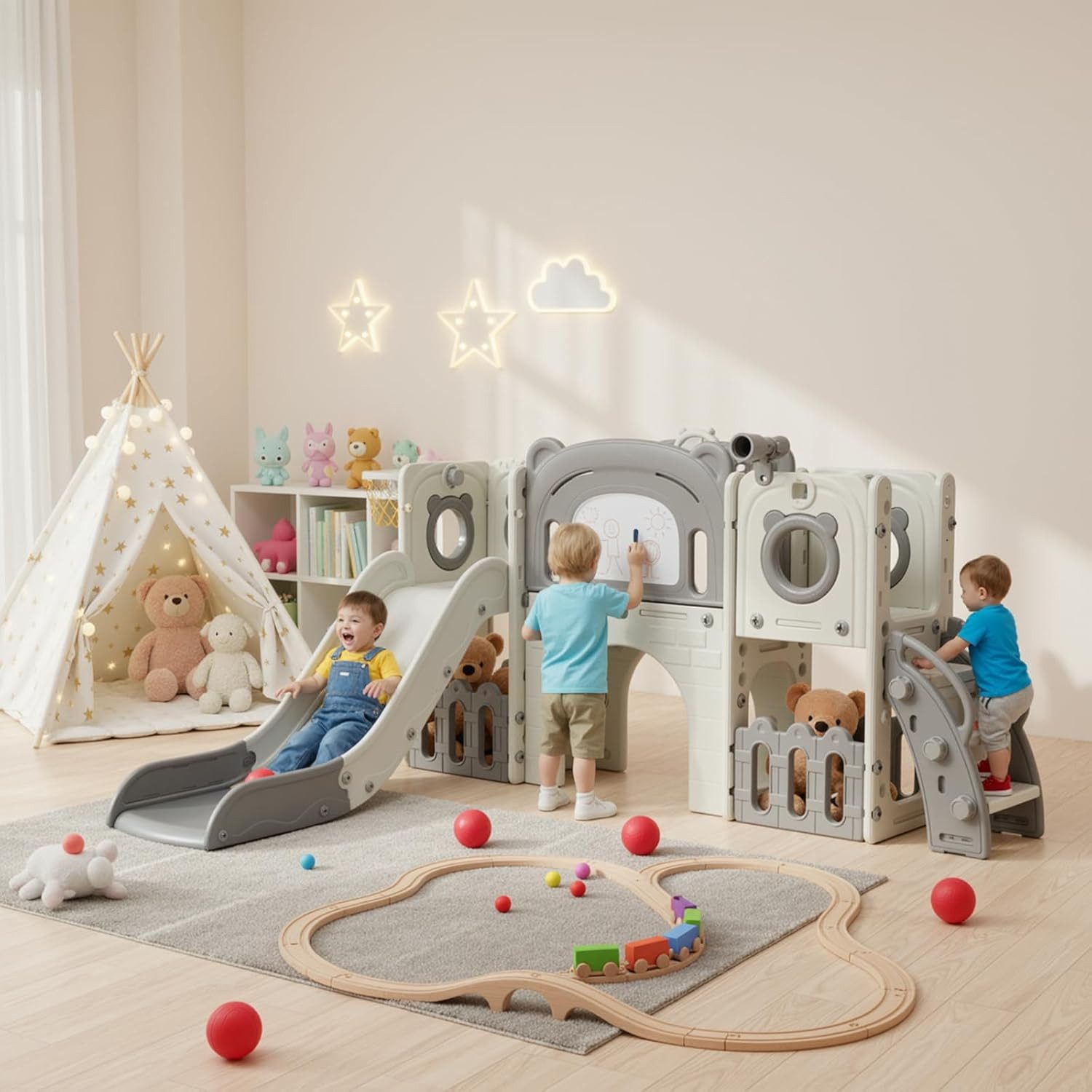 TLGREEN Rutsche Kletterspielzeug für Kinder Indoor Outdoor, (10-in-1 Klettergerüst mit Rutsche, Basketballkorb & Maltafel – Tragkraft 60kg), Sicher & Stabil für Garten, Wohnzimmer, Kindergarten