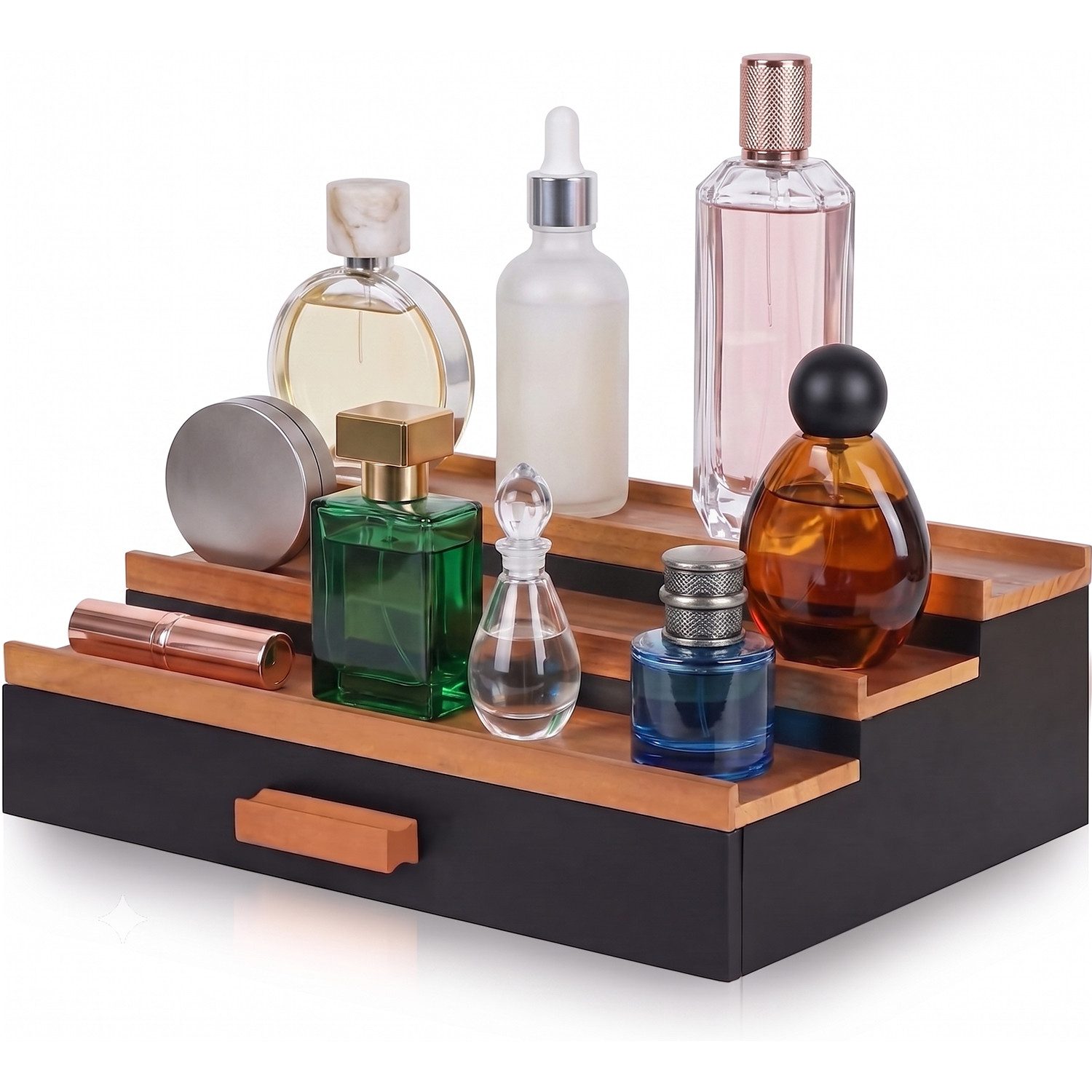HEYHIPPO Make-Up Organizer 3-stöckiger Parfüm-Ständer aus Holz, mit Schublade, 32×22×10,5 cm, Stufenförmiger Kosmetik-Ständer–Präsentationsregal für Parfüm& Mak – Bild 3 von 5