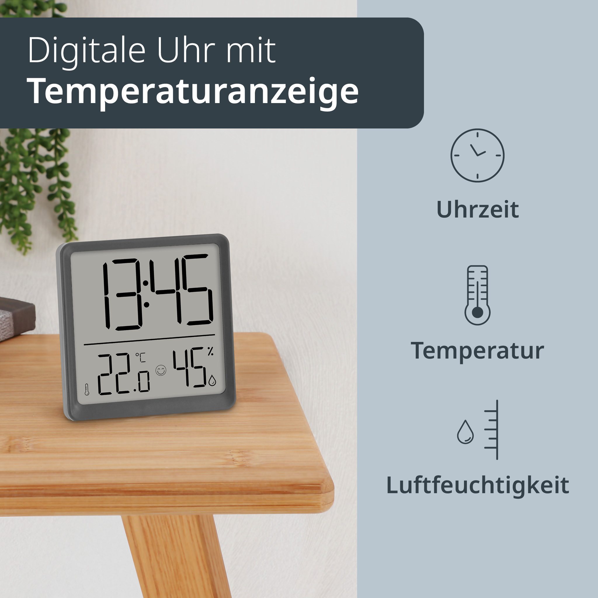 ADE Tischuhr Digitale Uhr mit Temperatur- und Luftfeuchtigkeitsanzeige mit Batterie, Wecker, Schlummerfunktion – Bild 2 von 5