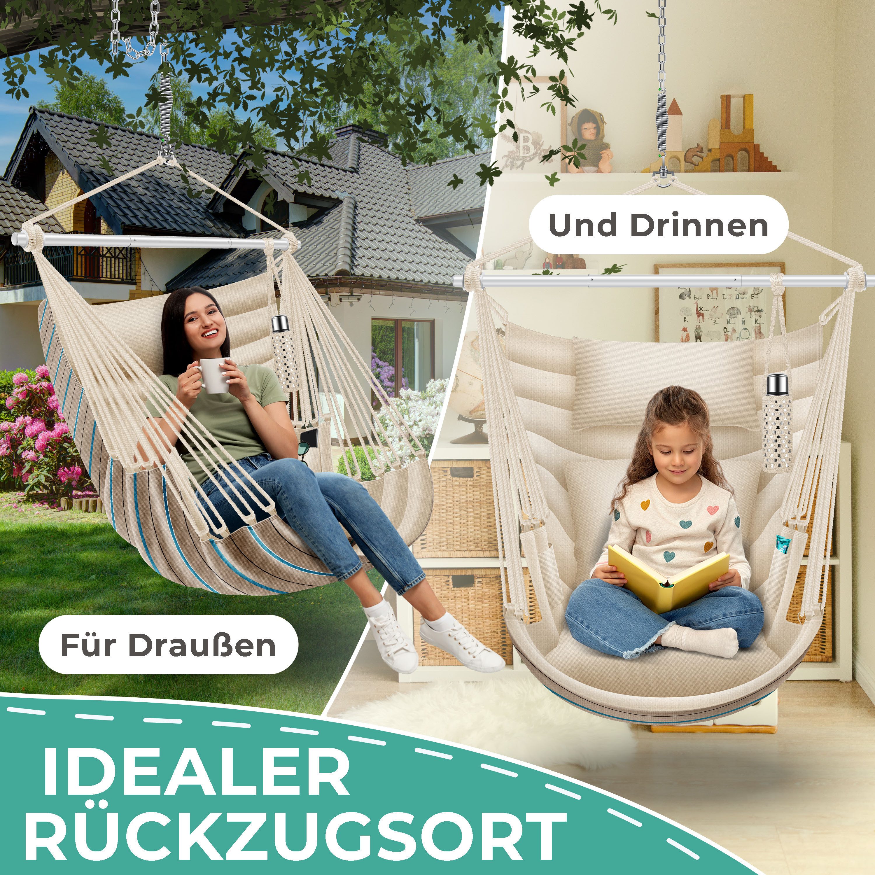 KESSER Hängesessel Haiti 150kg Traglast, Indoor & Outdoor Hängestuhl (Hängeschaukel mit 2 Kissen, Tragetasche, Flaschenhalter & Montage-Set), 360° Hängematte Pf – Bild 5 von 5