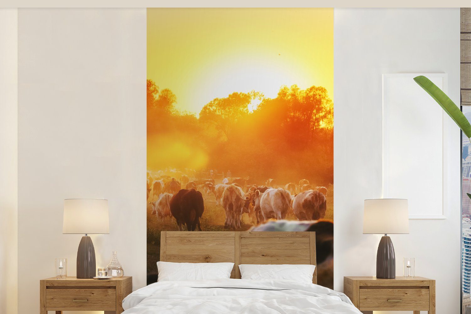 MuchoWow Fototapete Kühe - - Küche, Schlafzimmer Matt, Fototapete Wohnzimmer bedruckt, Sonnenuntergang für Wiese (2 Tiere, - St), Vliestapete