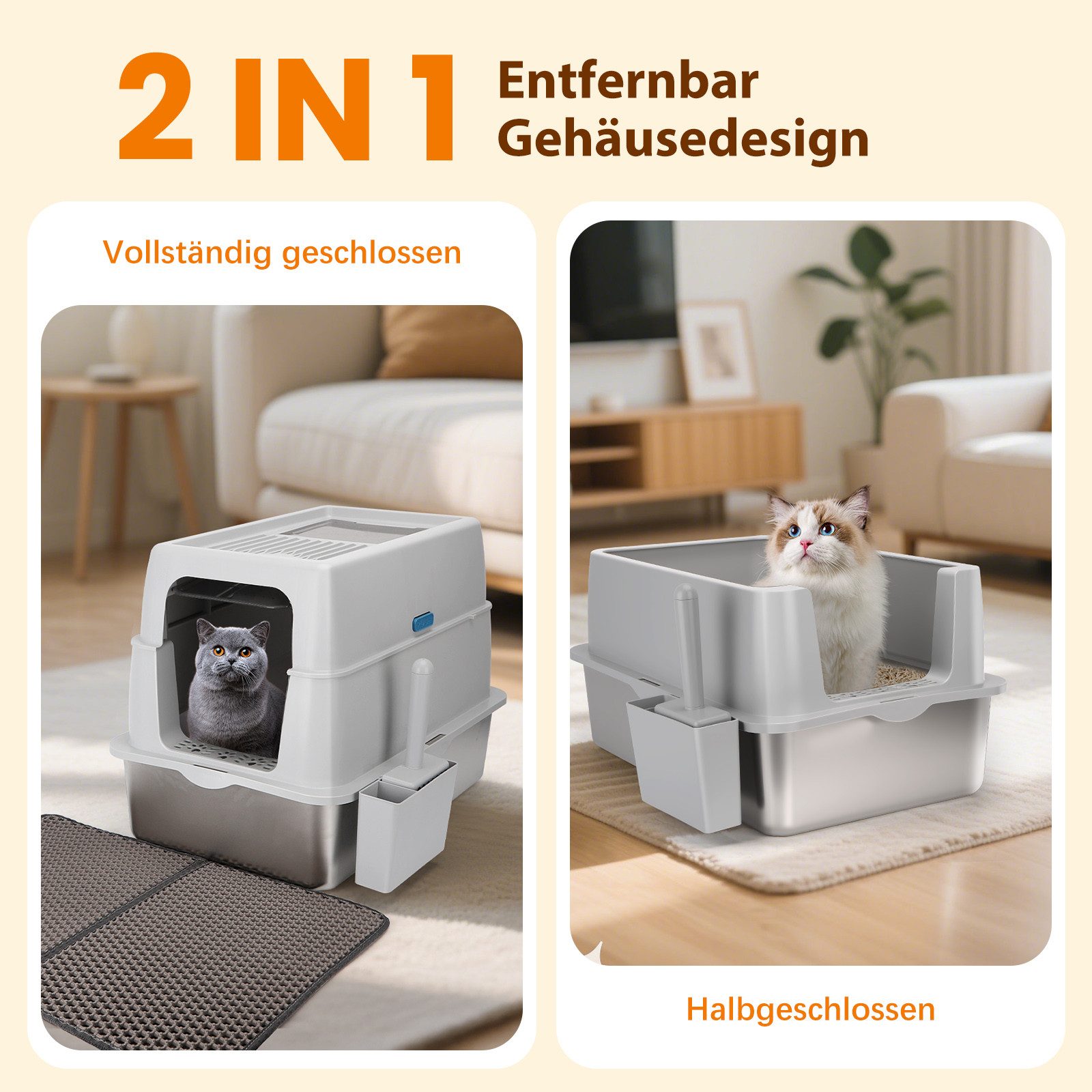 nobleza Katzentoilette Geschlossene Katzentoilette Edelstahl XXL mit Deckel 38L