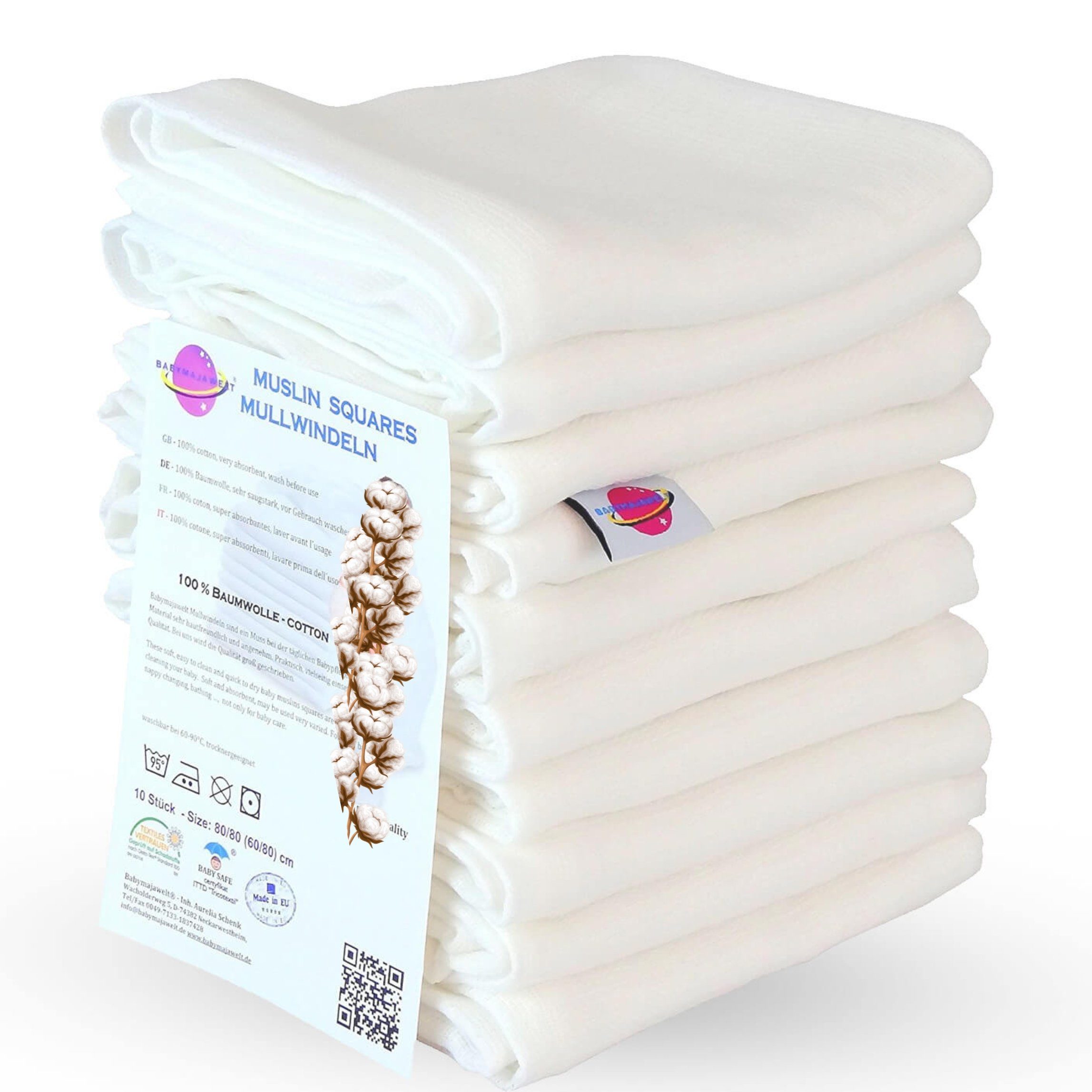 Babymajawelt Stoffwindeln Mullwindeln 80x80 Spucktücher weich und weiß, Baby Mulltücher (Set, 10-St., Mulltücher Dicke 115g/m²- Crinkel Optik nach dem Waschen), Made in EU, Hautfreundlich, Saugfähig, Weich, Reine Baumwolle