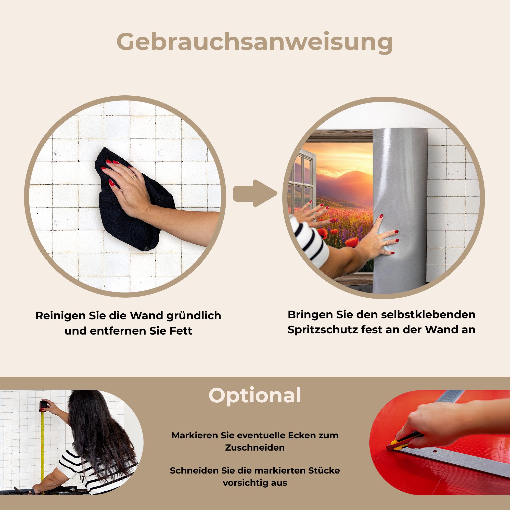 KitchenYeah Küchenrückwand selbstklebend (keine Folie) Durchsichtig - Mohnblumen - Blumen - Rot -, (1-tlg), Spritzschutz Küchenrückwand, Wandschutz, 120x80 cm