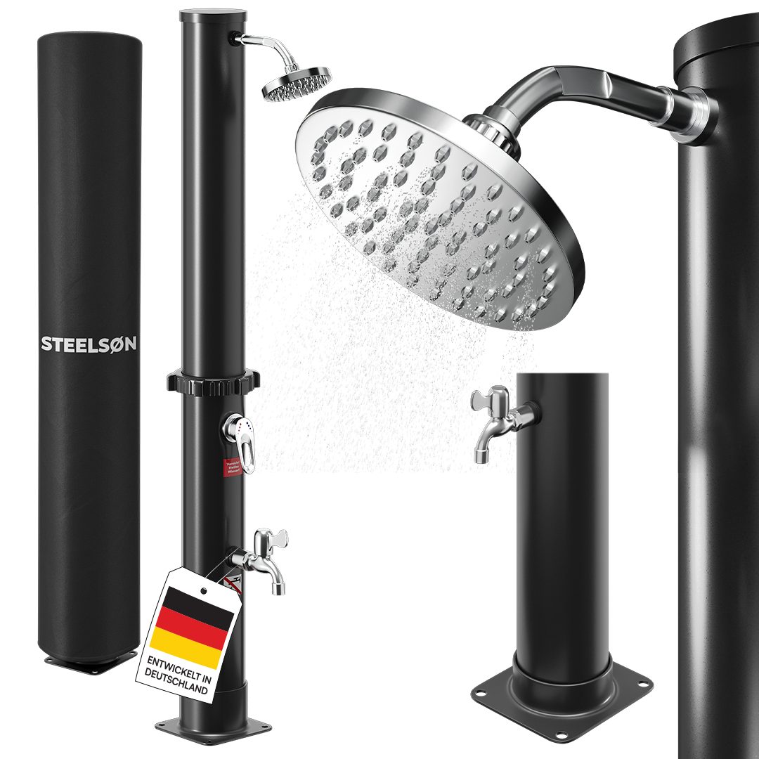 STEELSØN Solardusche Velion 20/40 Liter, warmes Wasser bis 60 °C (auch mit Boden oder 40L Fassungsvermögen), Gartendursche, schwenkbarer Kopf