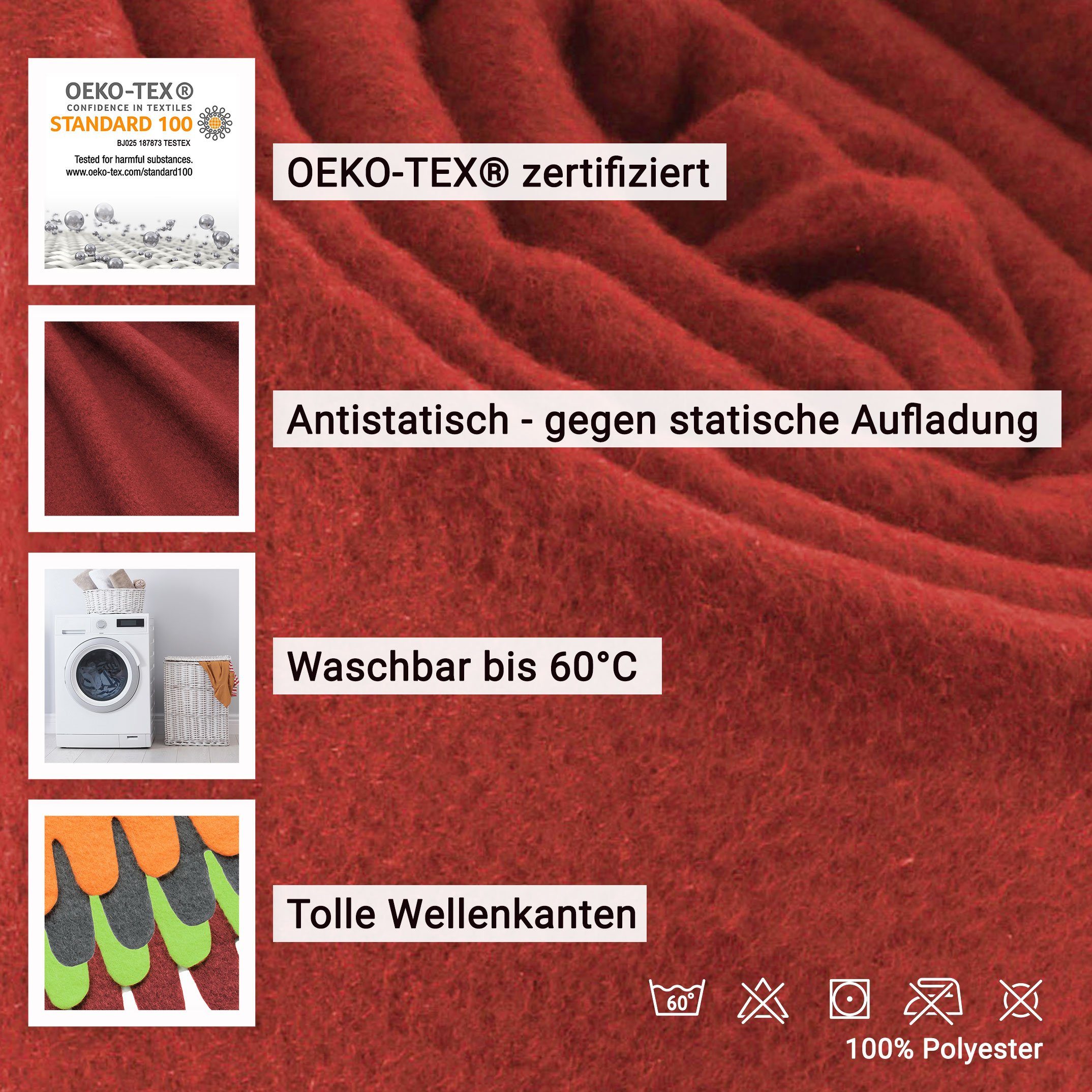 100% stylische x 130 In Polyester, 170 Wellenkante, cm, vielen vielen rot verfügbar in Farben Farben verfügbar, ZOLLNER, Wohndecke,