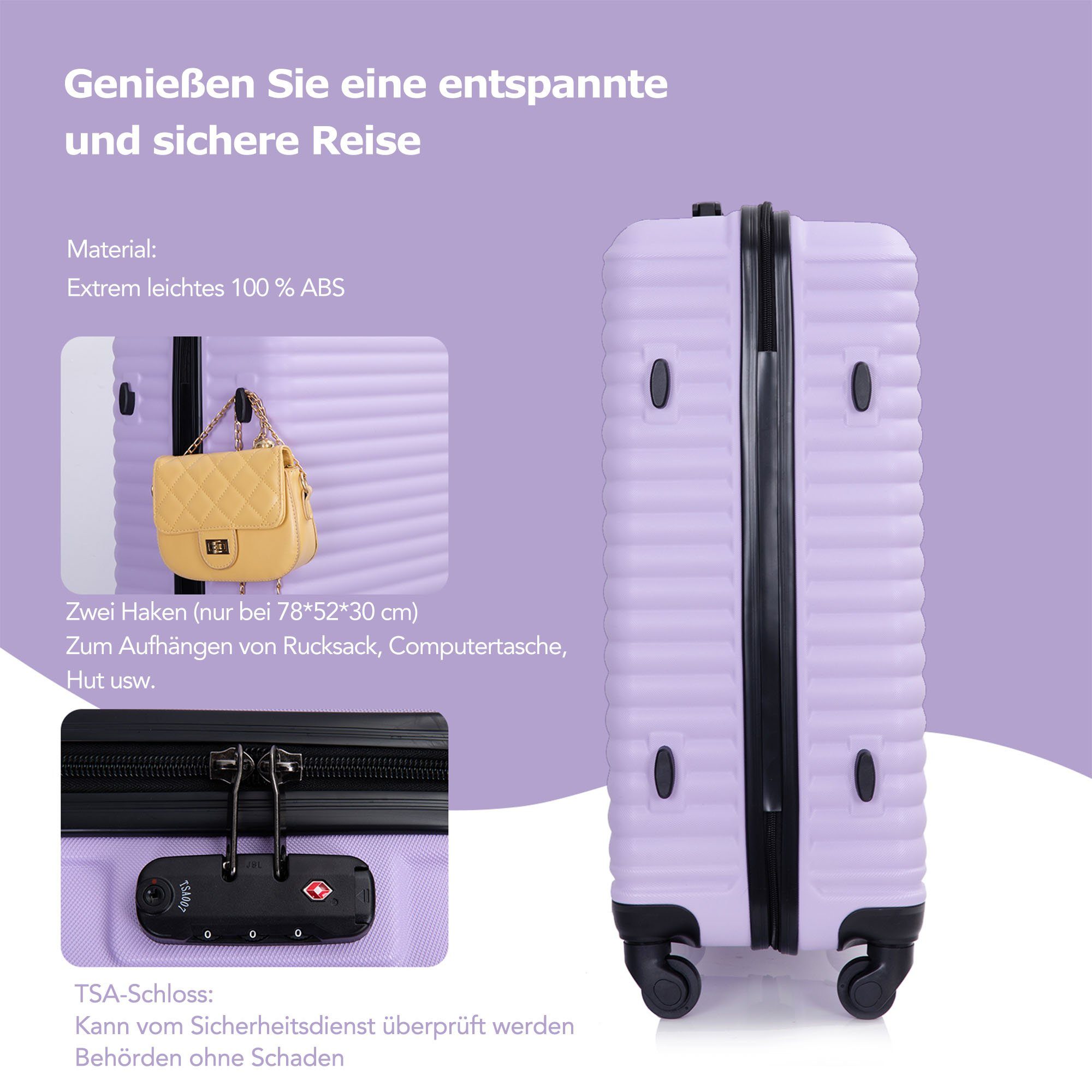 Helllila 1 Handgepäcktrolley Stück Koffer Hartschalen-Trolley Nur Reisekoffer, 4 Rollen, WISHDOR