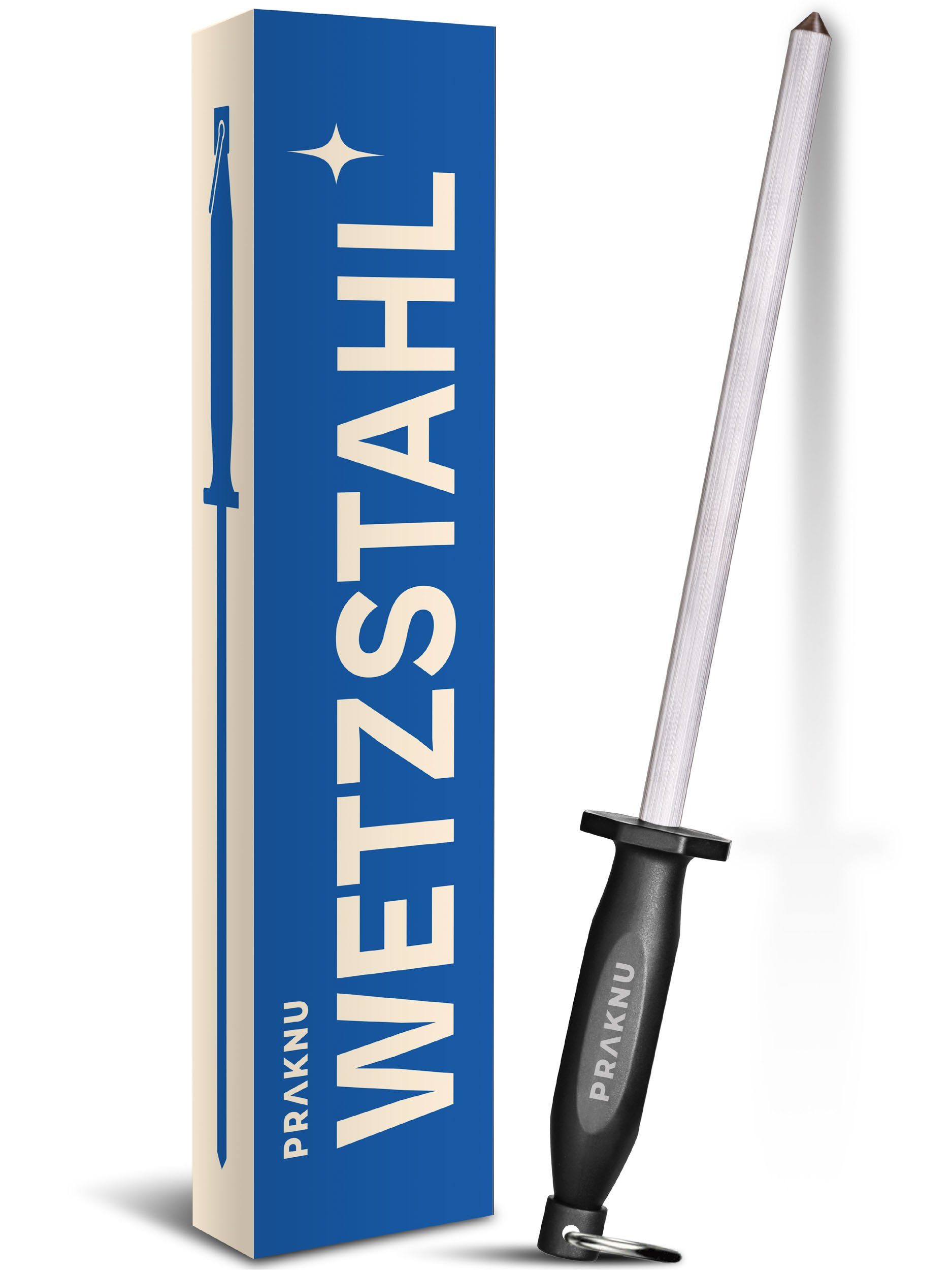 Praknu Wetzstab Messerschärfer aus gehärtetem Stahl 39cm - Scharfe Messer in 6 Zügen, Wetzstahl für optimale Schneidleistung - Stabiler Griff - Für Messer