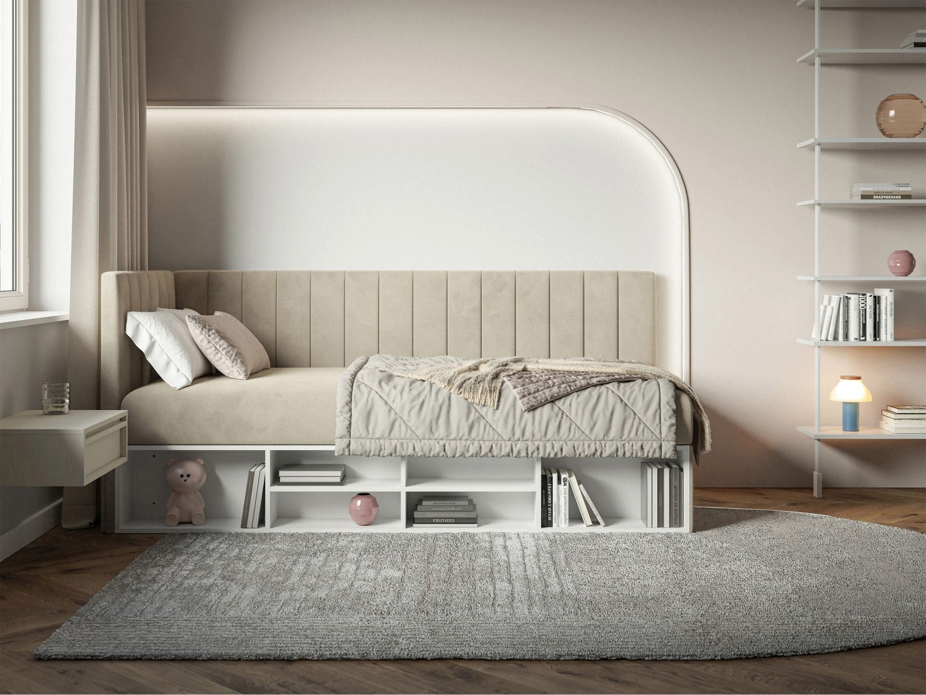Selsey Jugendbett VENTRIO, mit Bonellfederkernmatratze, Bettkasten, Regal und Easy-Clean-Bezug