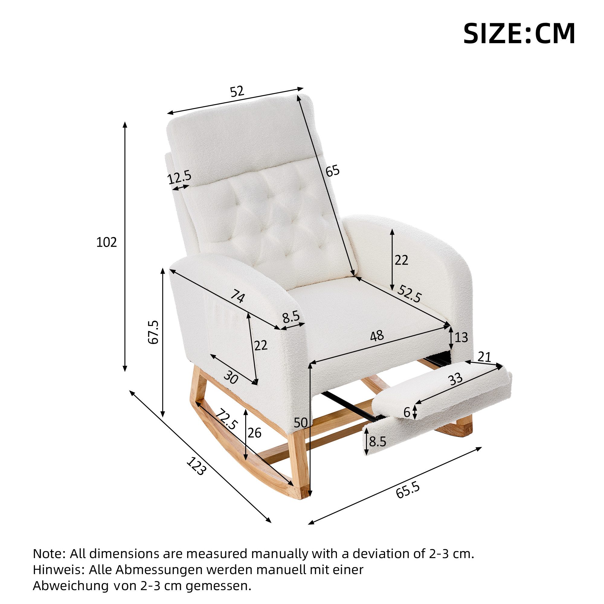 REDOM Schaukelstuhl Moderner Still-Relaxsessel in Weiß mit Teddy-Fleece (Weiß, 65.6×123×102 cm, für Wohnzimmer & Kinderzimmer, 1 St), 2-fach verstellbar, Seitentaschen, weiche Polsterung