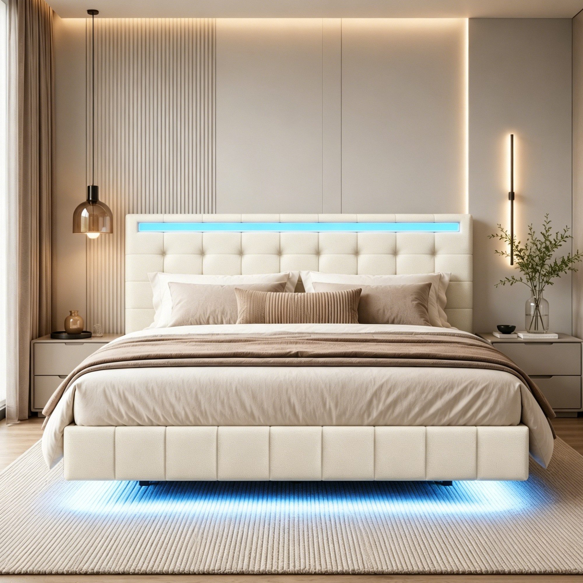 Simurq Polsterbett Schwebebett mit LED-Beleuchtung und USB, Doppelbett 140x200cm (Packung, 1-tlg., Jugendbett mit Kopfteil, Linenstoff), Schwebender visueller Effekt