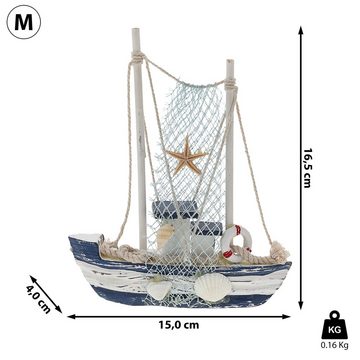 CEPEWA Dekofigur Fischerboot blau weiß 16,5cm Holz Schiff Fischernetz Muscheln Seestern