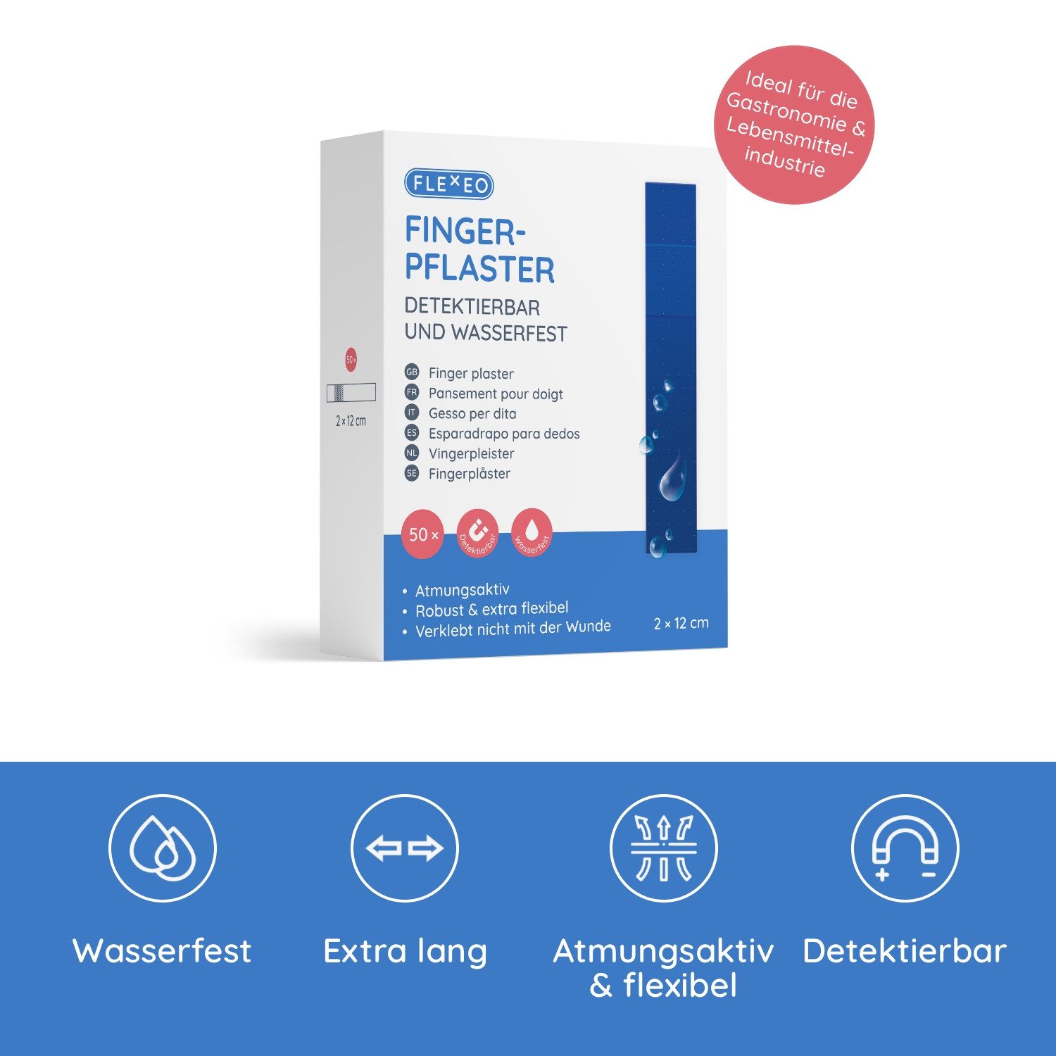 FLEXEO Wundpflaster Fingerpflaster (50 St), detektierbar wasserfest blau, 2cmx12cm
