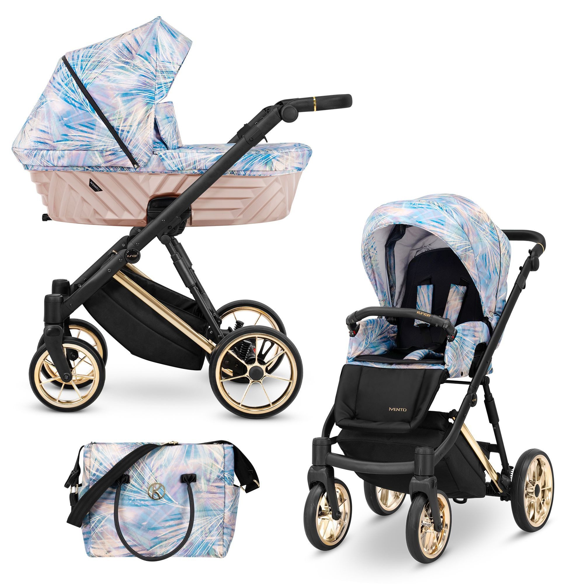 KUNERT Kombi-Kinderwagen Ivento Premium 2in1 Kinderwagen mit Goldrahmen, TÜV NORD und ZETOM zertifiziert, ergonomische Bambusmatratze