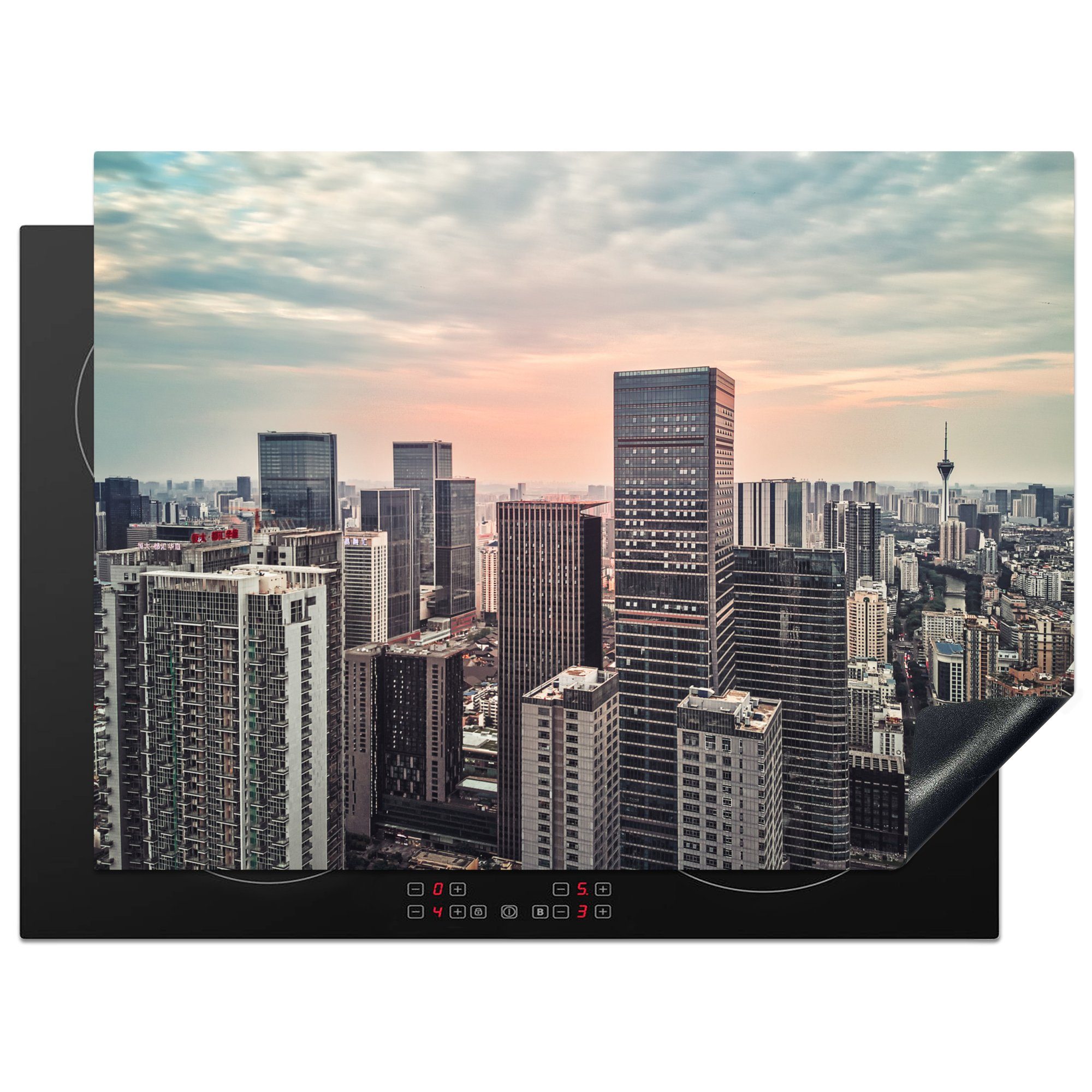 MuchoWow Herdblende-/Abdeckplatte Herausragende Skyline von Chengdu, Vinyl, (1 tlg), 70x52 cm, Mobile Arbeitsfläche nutzbar, Ceranfeldabdeckung