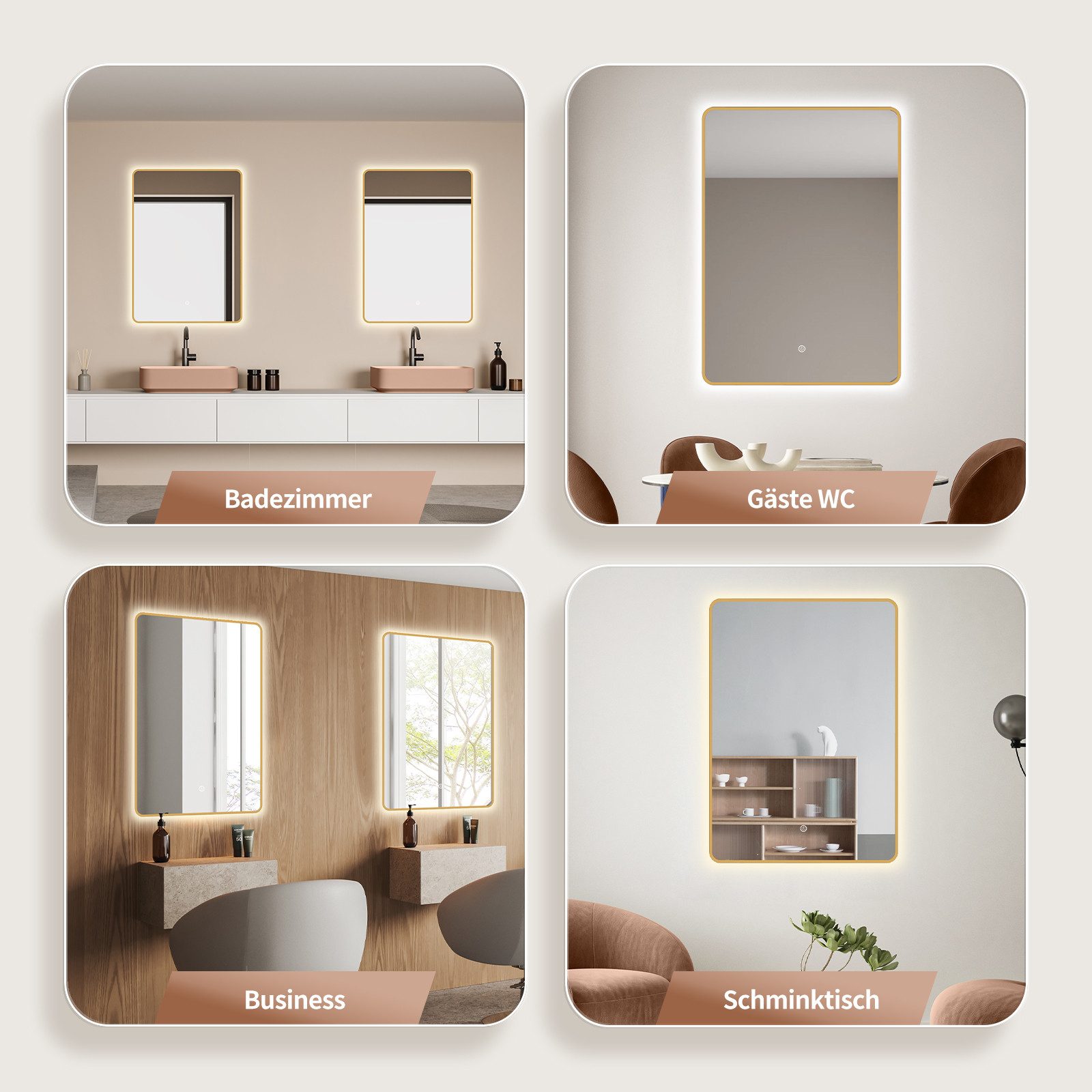 HOKO Badspiegel mit Beleuchtung, Badezimmerspiegel Schwarz/Gold/Weiß günstig online kaufen