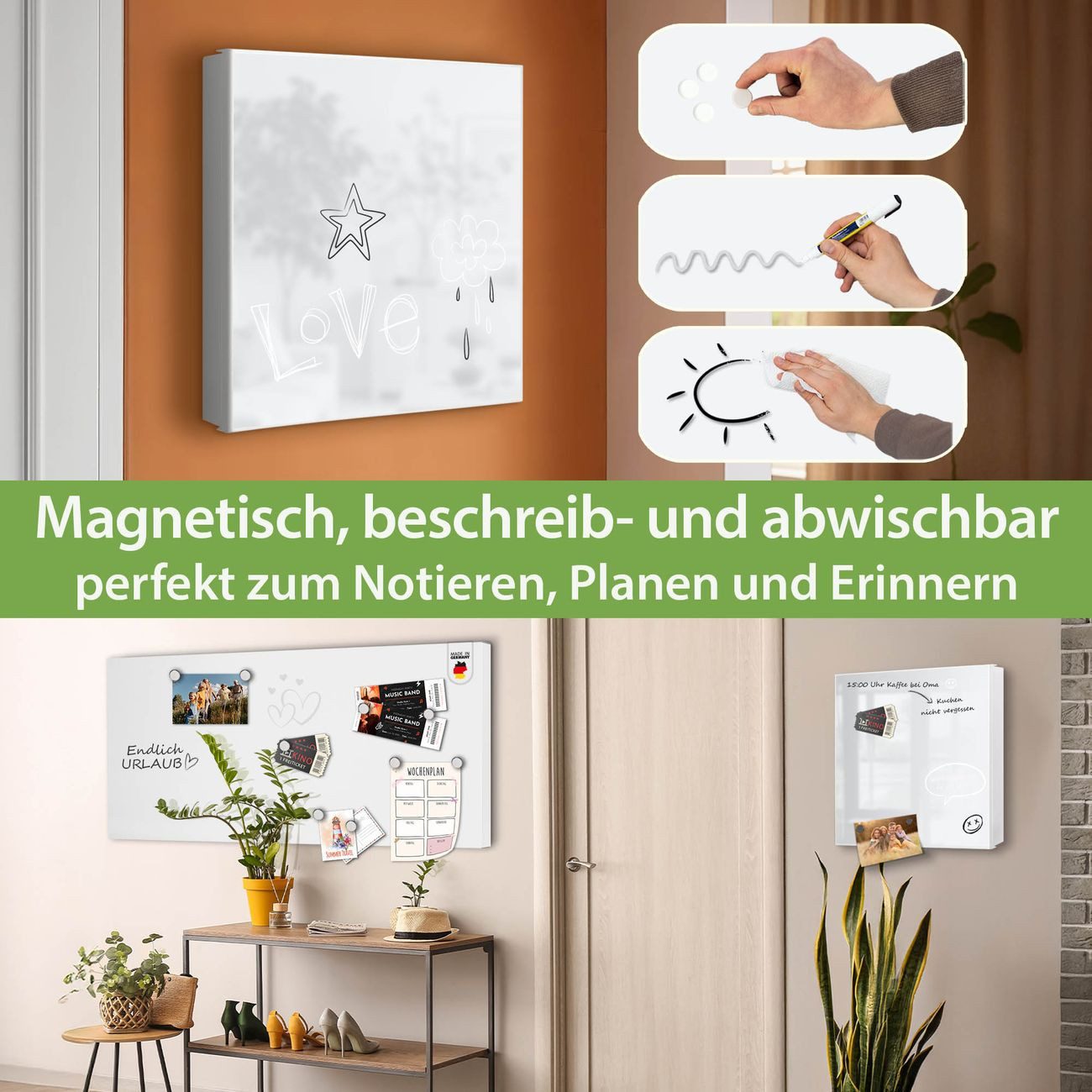 banjado Schlüsselkasten aus Metall mit Motiv weiß (Stahl Gehäuse, mit 32 Haken, beschreibbar & magnetisch), 30 x 30 x 5 cm