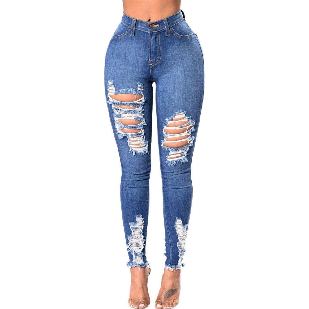 L.Ru UG Bequeme Jeans Jeans High Waist Löcher Jeans weibliche Stretch Slim  Pencil Pants Damen-Stretch-Jeans mit Rissen